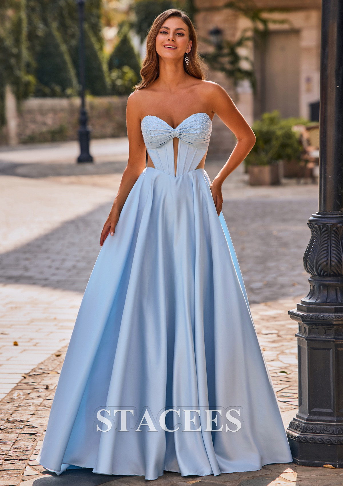 Sky Blue A-line Sweetheart Strapless Cutout Pleated Corset Satin Prom Dress - STACEES