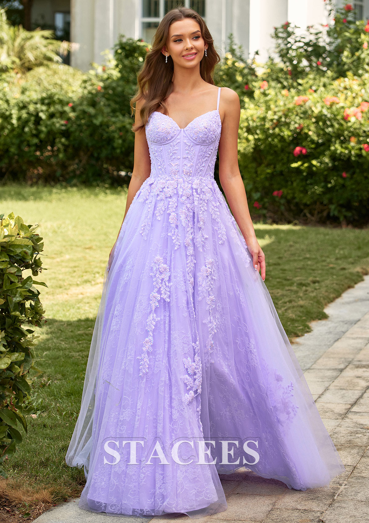 Lilas Trapèze col en v tulle longueur ras du sol robe de bal avec appliqué perles dentelle - STACEES