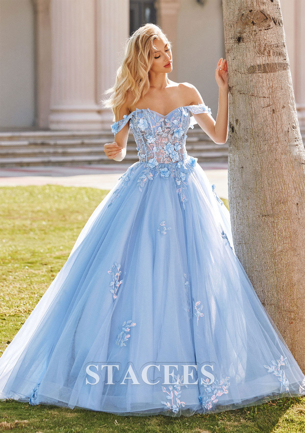 Sky Blue Ball Gown Off-the-Shoulder Long Tulle Prom Dress with Appliqued Sequins Petticoat - STACEES