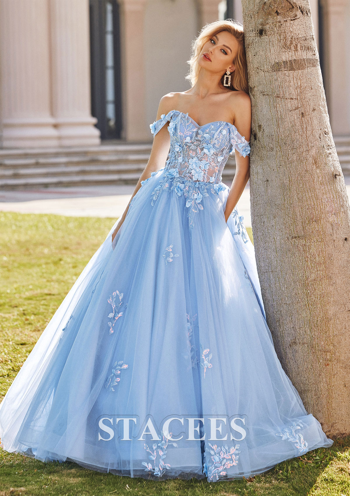 Sky Blue Ball Gown Off-the-Shoulder Long Tulle Prom Dress with Appliqued Sequins Petticoat - STACEES