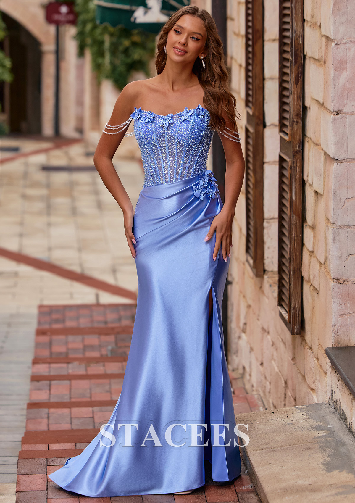 Lavande Fourreau épaule dénudée soie comme du satin traîne balayage robe de bal avec perles fleurs - STACEES