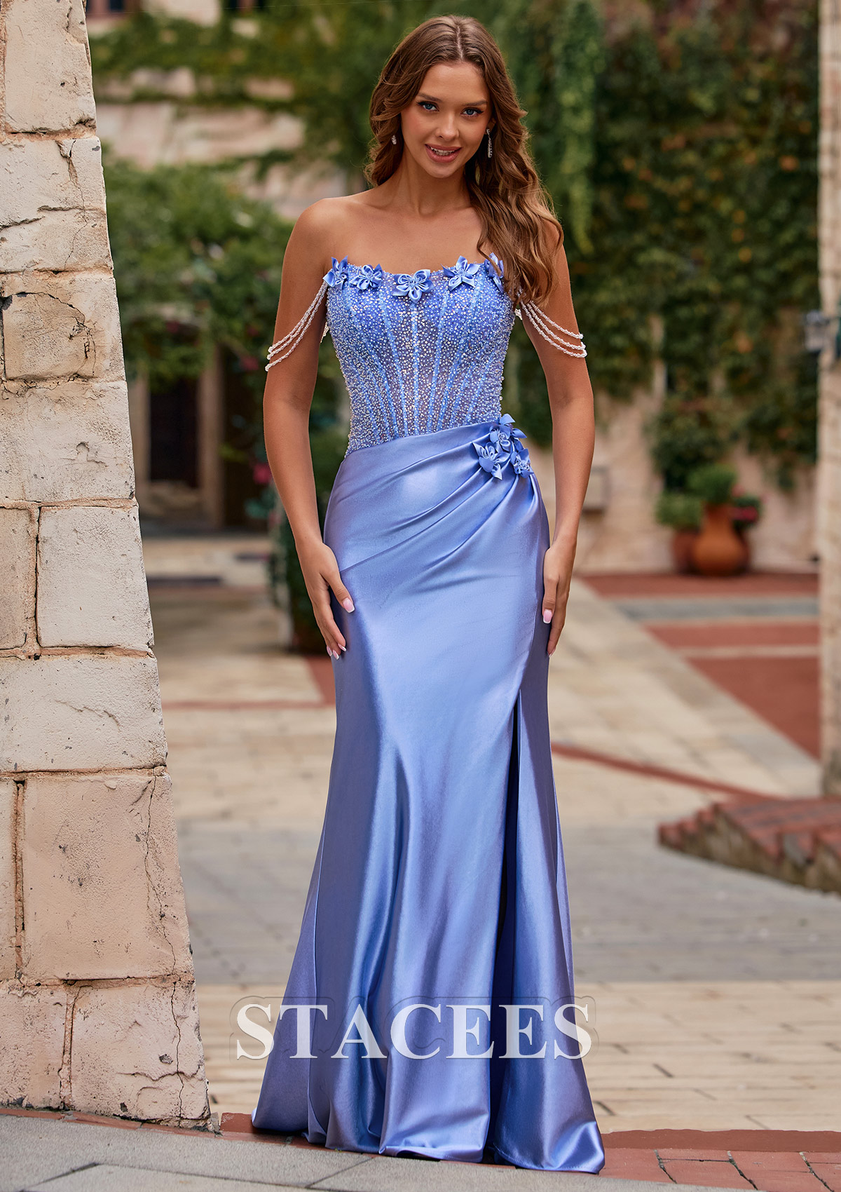 Lavande Fourreau épaule dénudée soie comme du satin traîne balayage robe de bal avec perles fleurs - STACEES