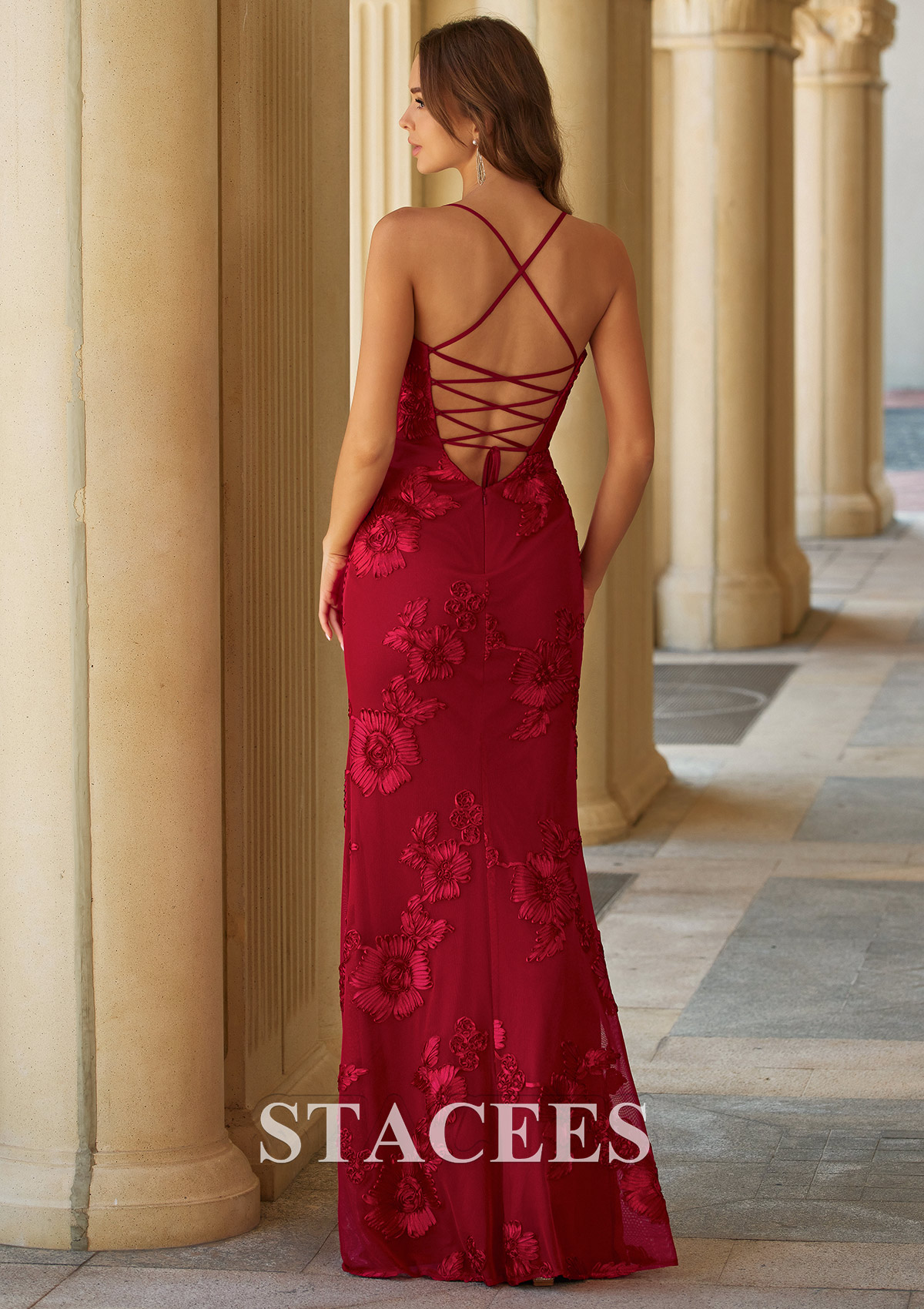 Red Fitted Floral Jacquard Spaghetti Strap Prom Gown with Open Lace-Up Back - STACEES