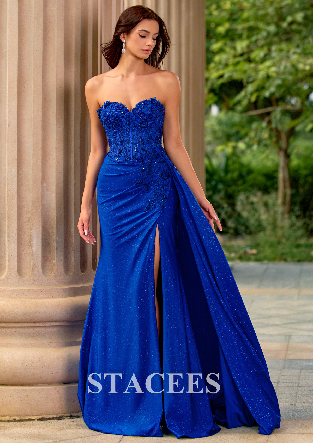 Royal Blue Sparkly Strapless Floral Corset Ruching Slit Prom Dress with Side Draping  - STACEES