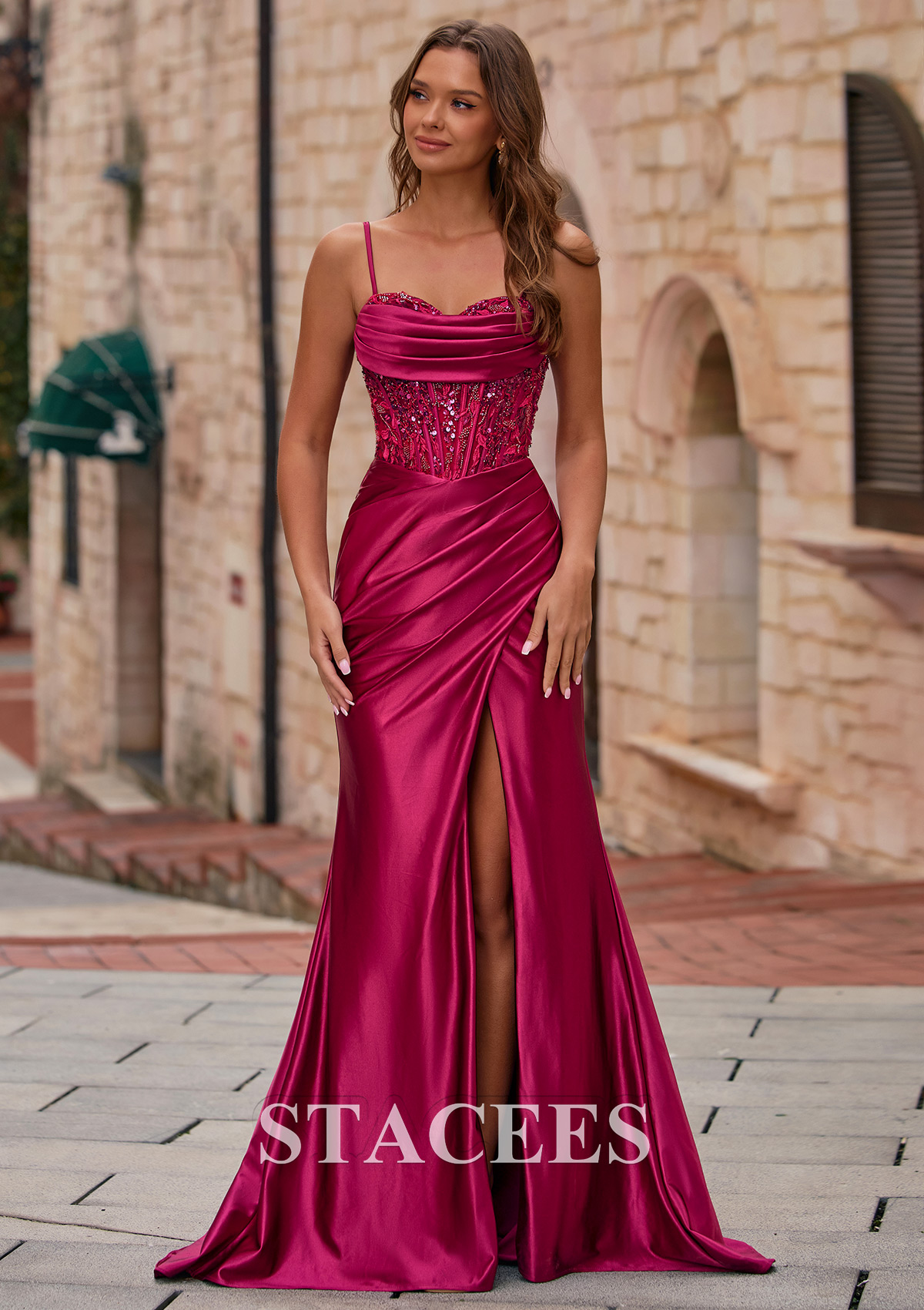 Bordeaux Trumpette/Sirène cache coeur soie comme du satin traîne balayage robe de bal avec plissé paillettes - STACEES