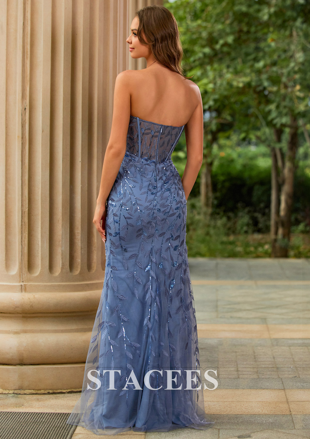 Bleu Poudré Fourreau cache coeur tulle longueur ras du sol robe de bal avec paillettes fendue - STACEES