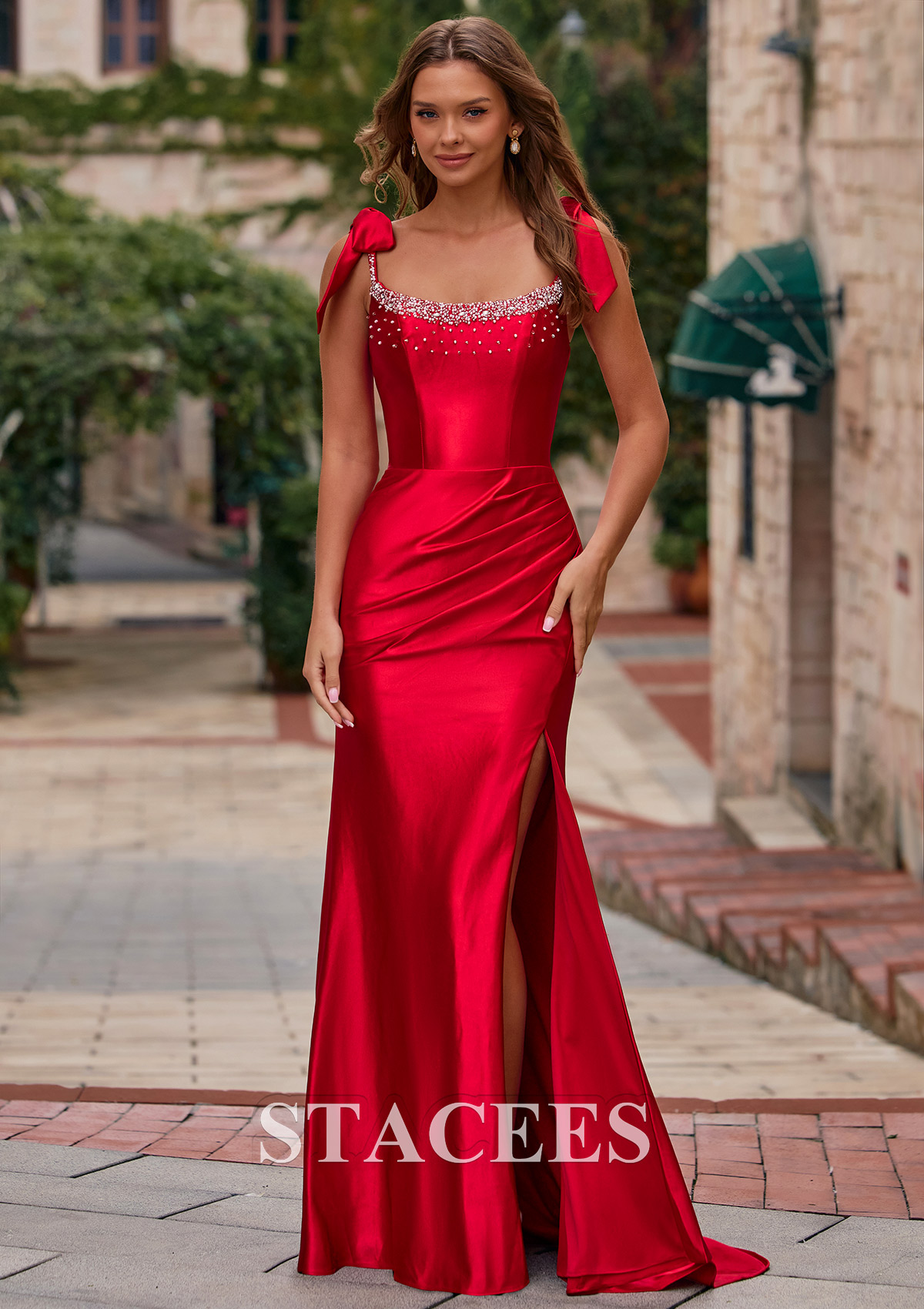 Red Mermaid Beaded Scoop Neck Ruched Slit Prom Dress with Bow Straps - STACEES