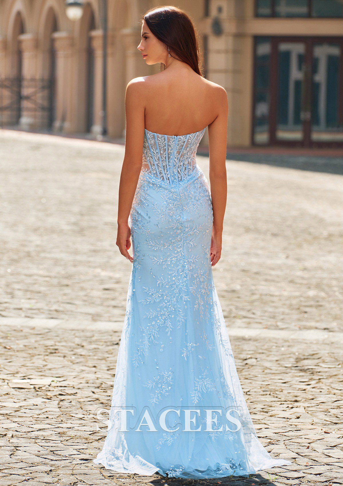 Bleu Ciel Trumpette/Sirène cache coeur soie comme du satin traîne balayage robe de bal avec paillettes fendue - STACEES