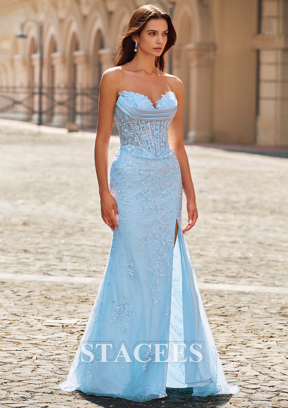 Bleu Ciel Trumpette/Sirène cache coeur soie comme du satin traîne balayage robe de bal avec paillettes fendue - STACEES