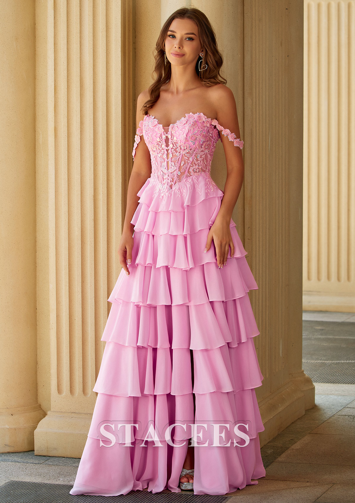 Candy Pink A-line Off-the-Shoulder Tiered Ruffle Prom Dress with Floral Lace Corset - STACEES