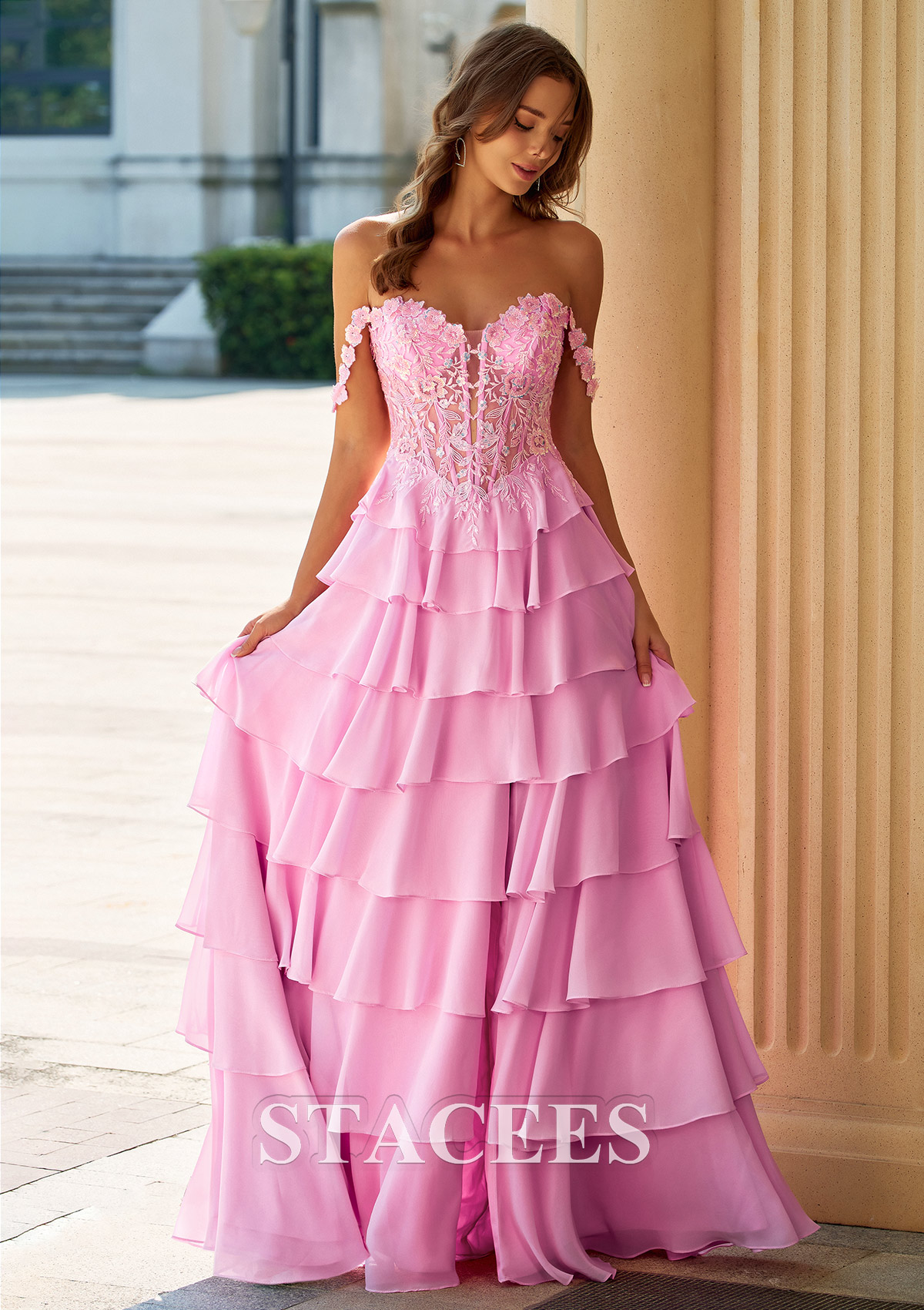 Candy Pink A-line Off-the-Shoulder Tiered Ruffle Prom Dress with Floral Lace Corset - STACEES
