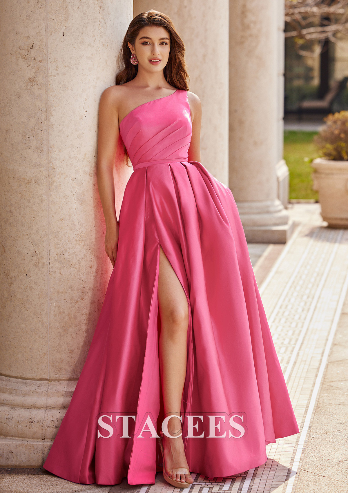Azalea A-line One-Shoulder Floor-Length Satin Prom Dress with Pleated Pockets Split - STACEES