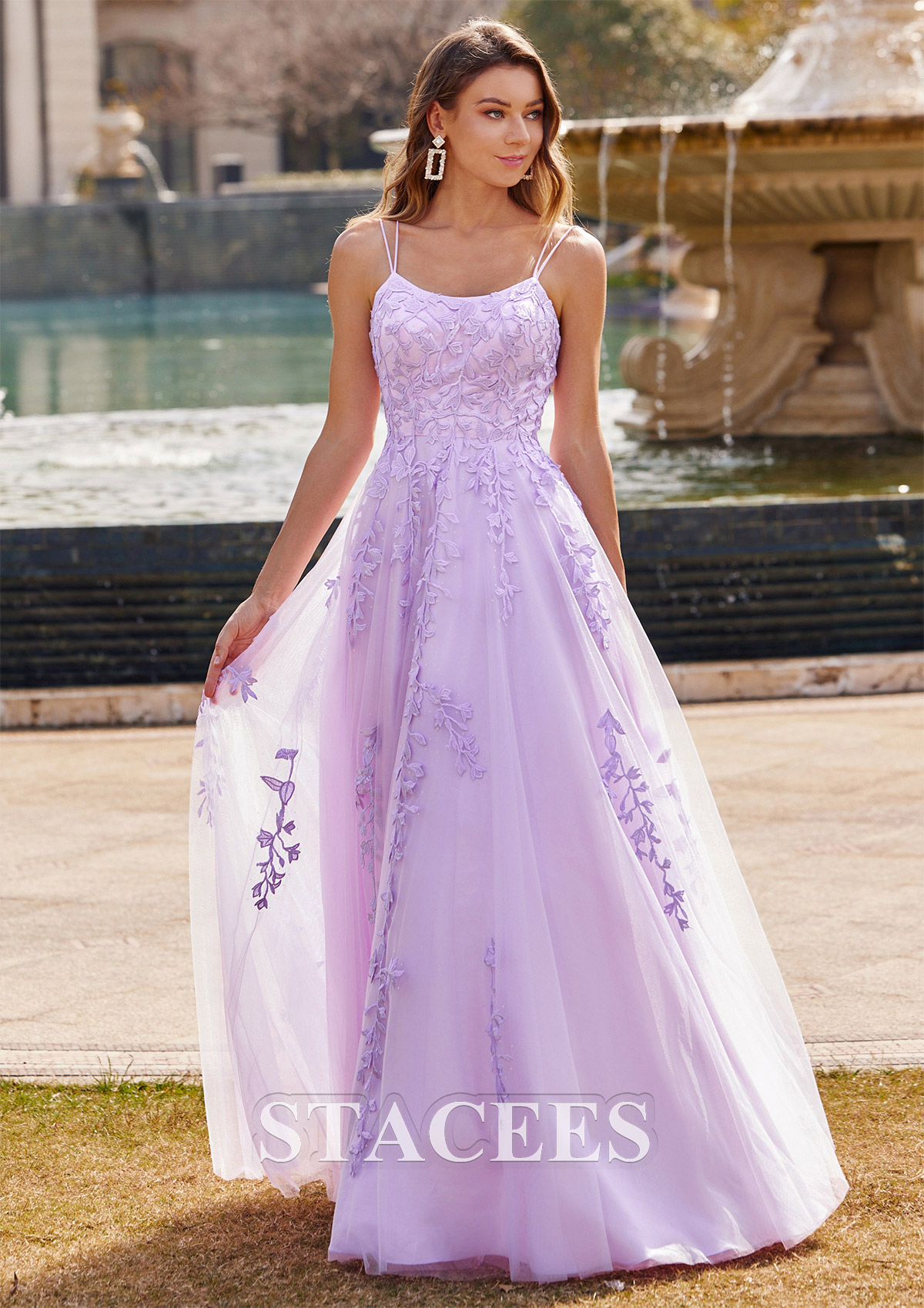 Lilac A-line Princess Square Neckline Sleeveless Sweep Train Tulle Prom Dress with Appliqued - STACEES