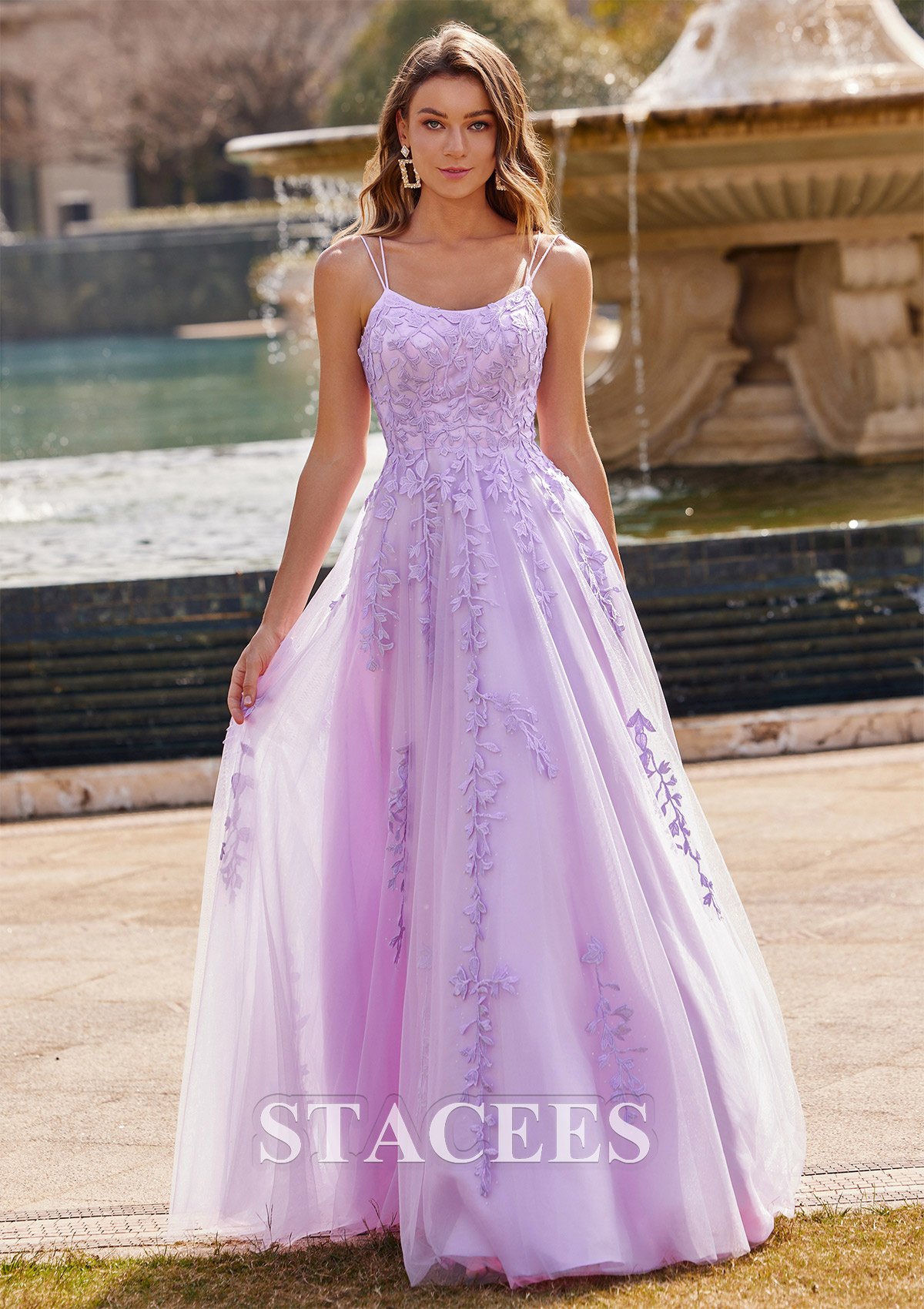 Lilac A-line Princess Square Neckline Sleeveless Sweep Train Tulle Prom Dress with Appliqued - STACEES