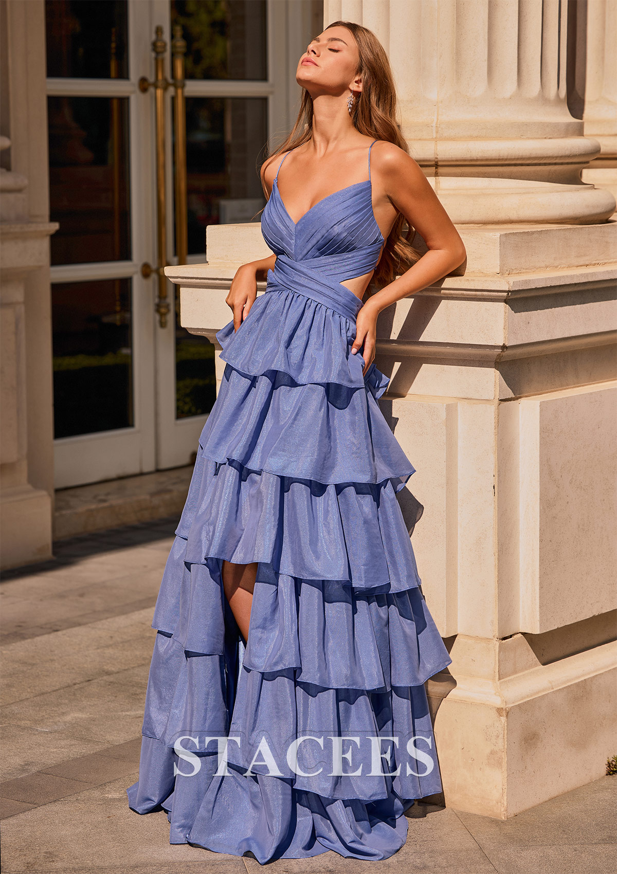 Dusty Blue A-line Straps Glitter Chiffon Tiered Ruffle Slit Prom Dress with Cutout - STACEES