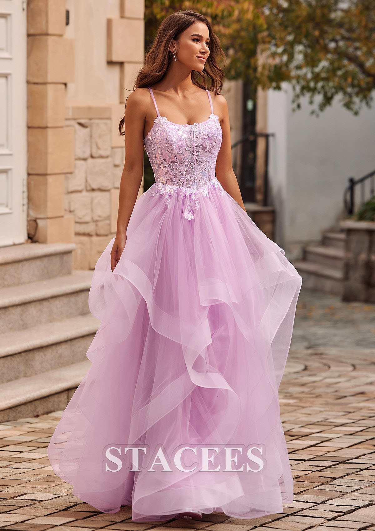 Lilac A-line Scoop Neck Tulle Floor-Length Prom Dress with Appliqued Ruffles Sequins - STACEES