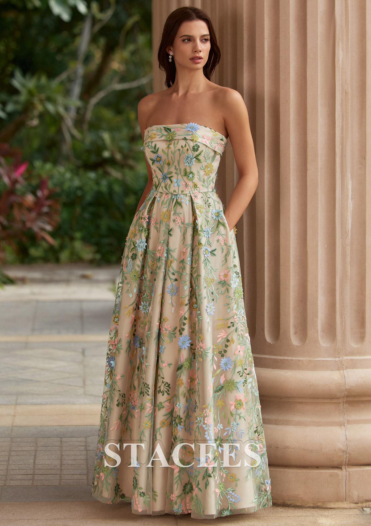 Champagne Floral Trapèze carrée tulle longueur ras du sol robe de bal avec broderie poches - STACEES