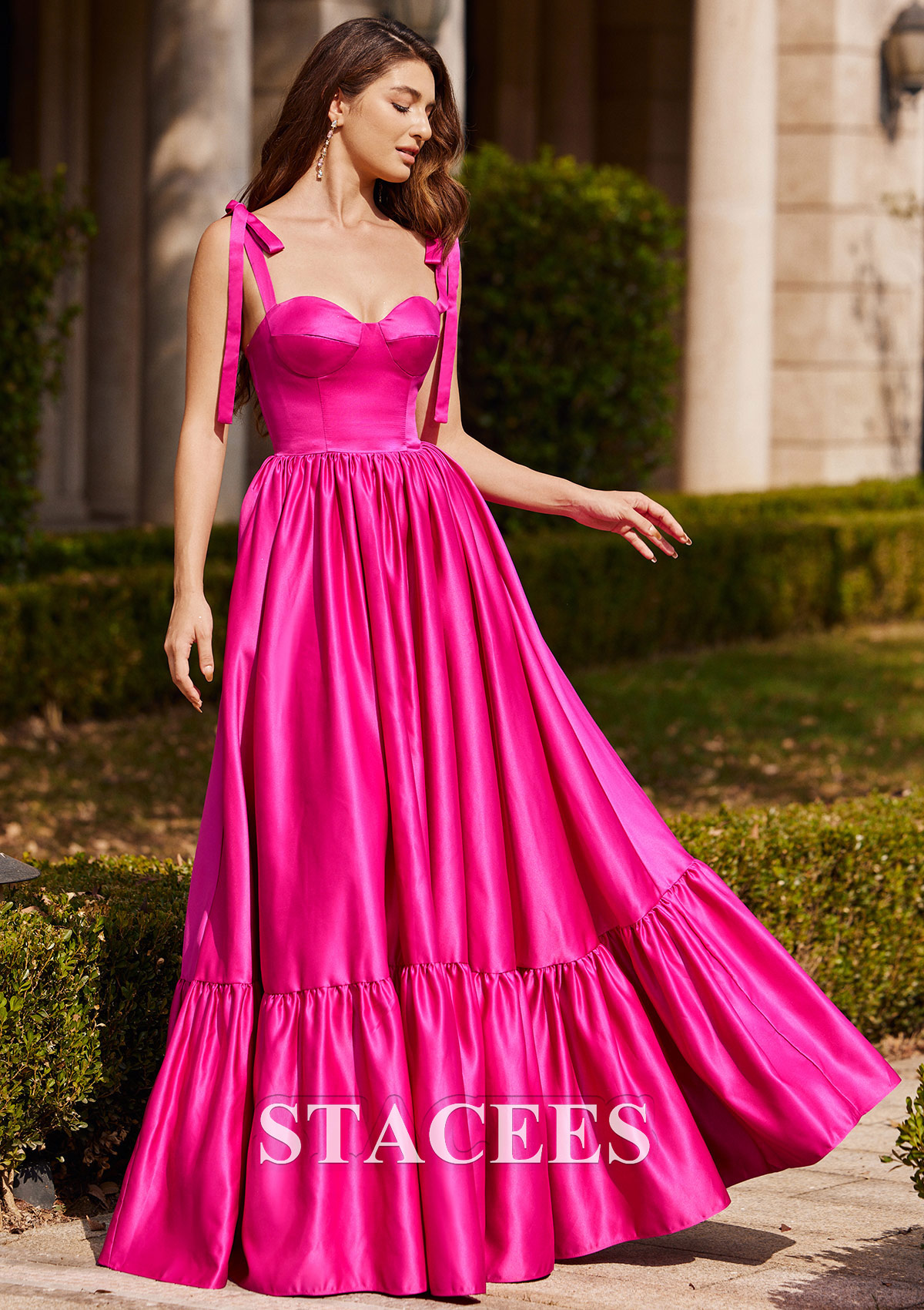 Fuchsia Trapèze cache coeur satin ras du sol robe de bal - STACEES