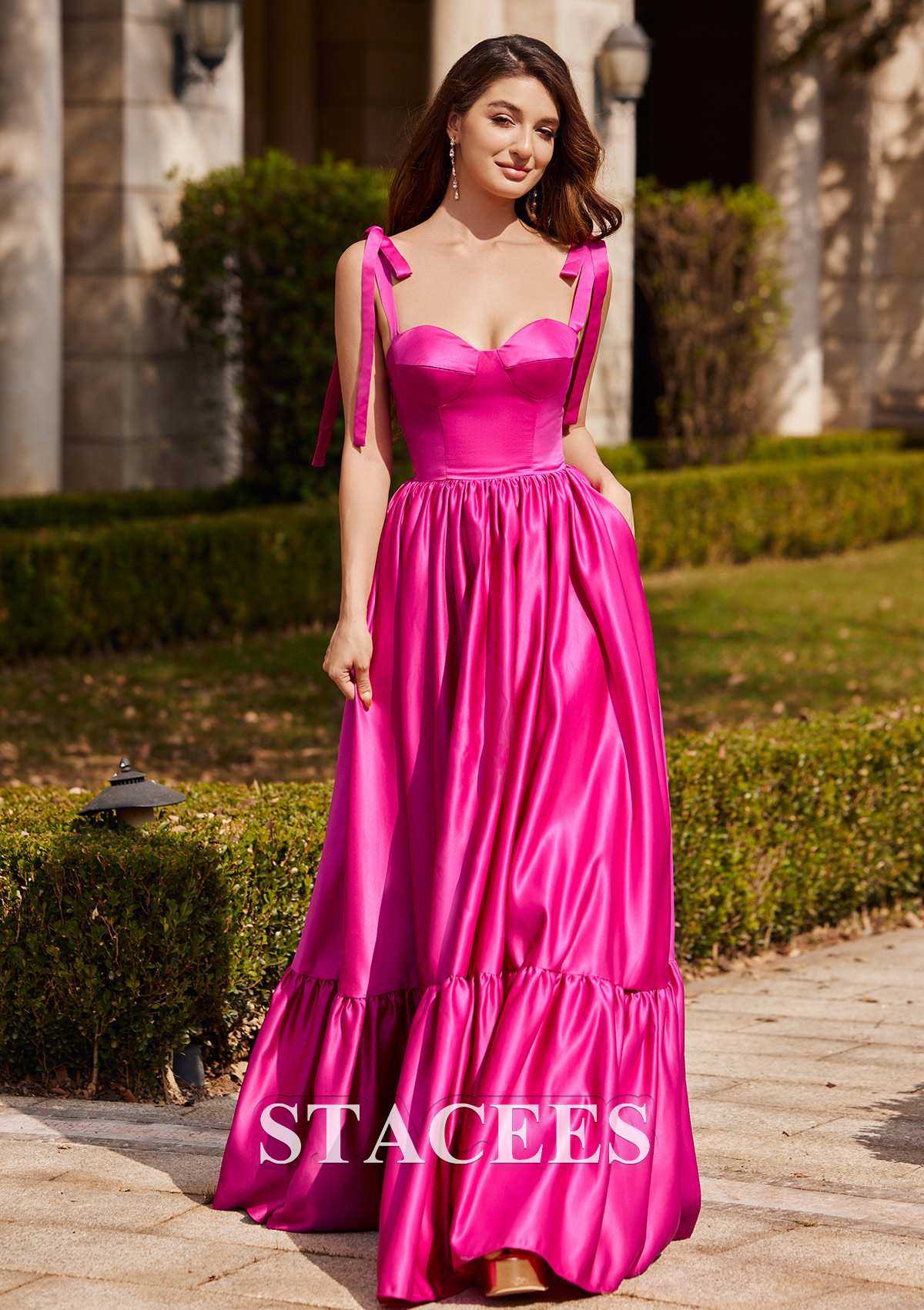 Fuchsia Trapèze cache coeur satin ras du sol robe de bal - STACEES