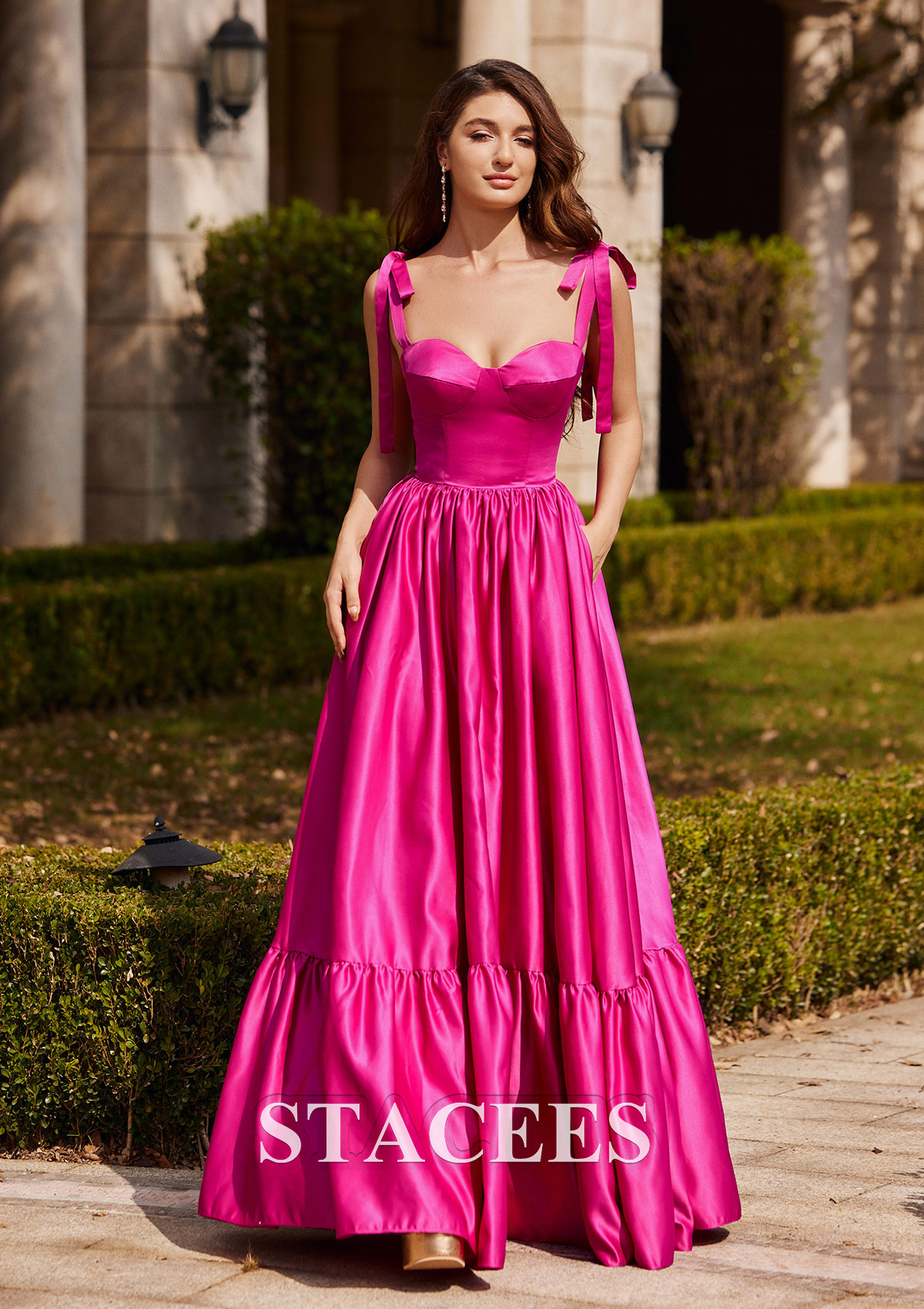 Fuchsia Trapèze cache coeur satin ras du sol robe de bal - STACEES
