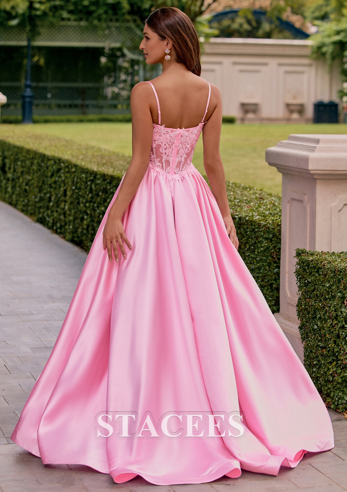 Blushing Pink A-line Beaded Sheer Corset Floor-Length Satin Prom Dress with Pockets  - STACEES