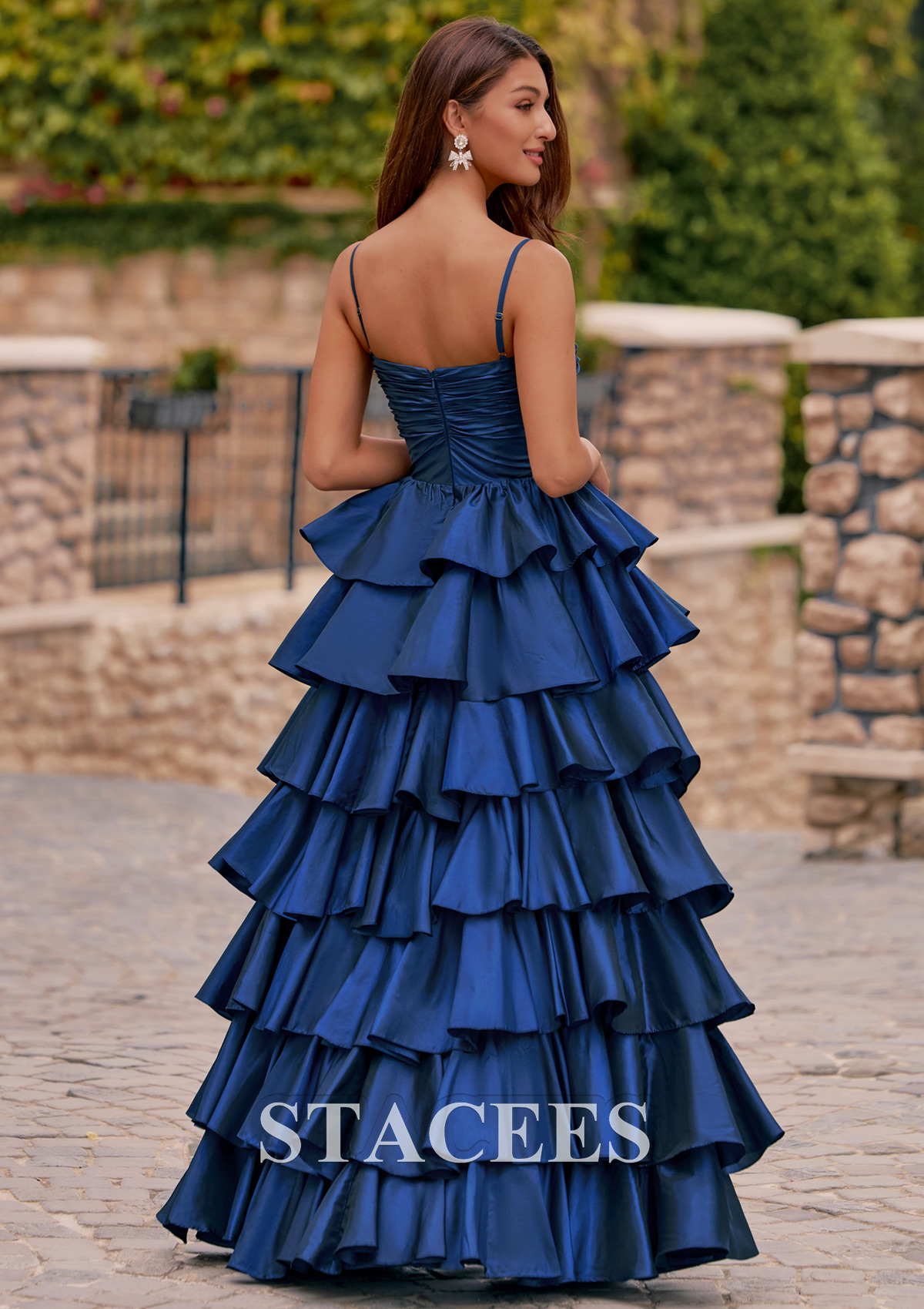 Dark Navy A-line Ruched Taffeta Tiered Ruffled Prom Dress with Keyhole Slit - STACEES