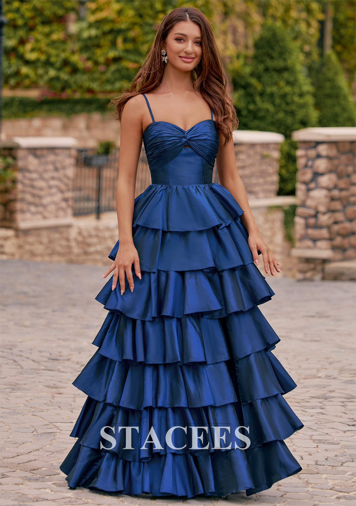 Dark Navy A-line Ruched Taffeta Tiered Ruffled Prom Dress with Keyhole Slit - STACEES