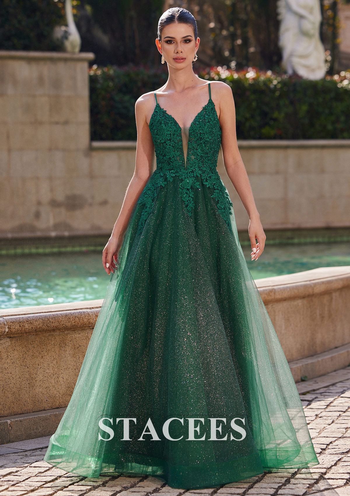 Dark Green Vestido línea a escote en v tul hasta el suelo vestido de graduación - STACEES