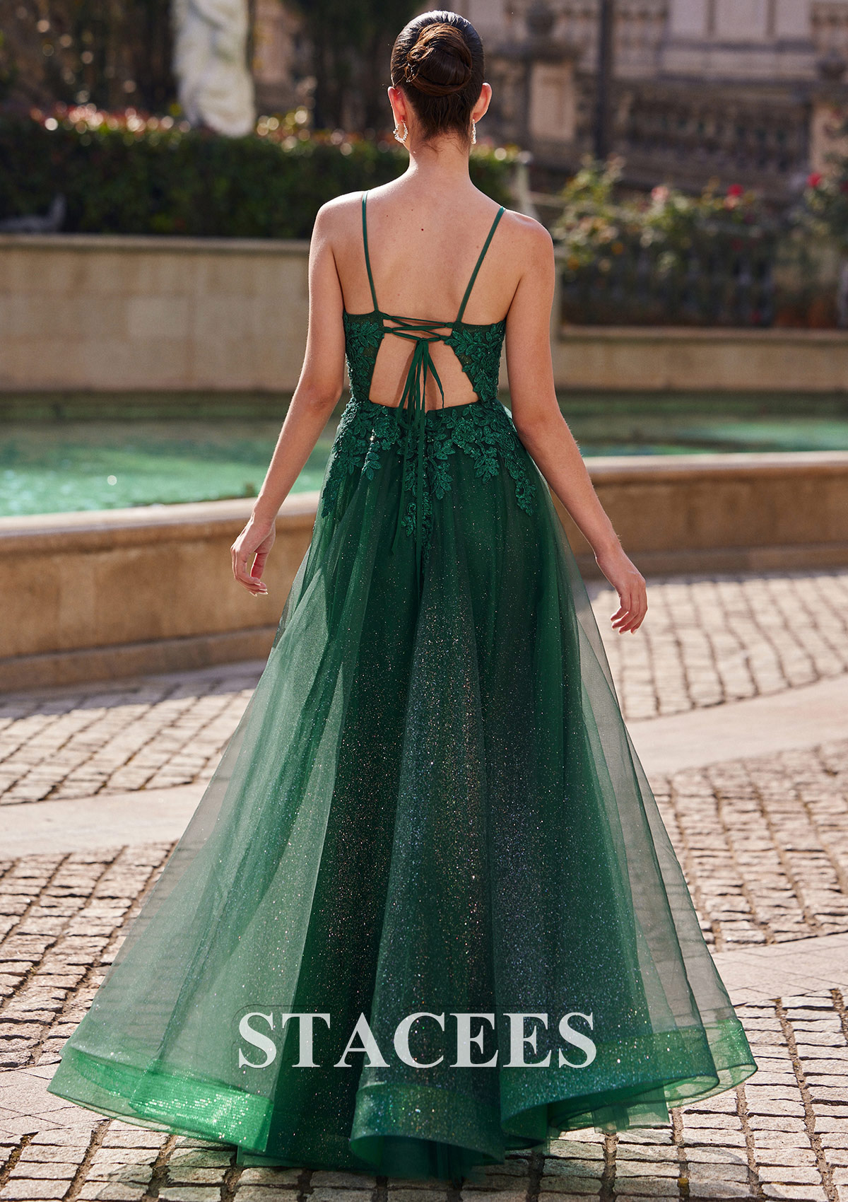 Dark Green Vestido línea a escote en v tul hasta el suelo vestido de graduación - STACEES