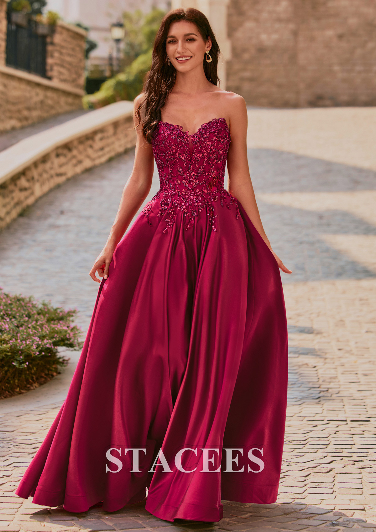 Bordeaux Trapèze col en v satin longueur ras du sol robe de bal avec poches paillettes - STACEES