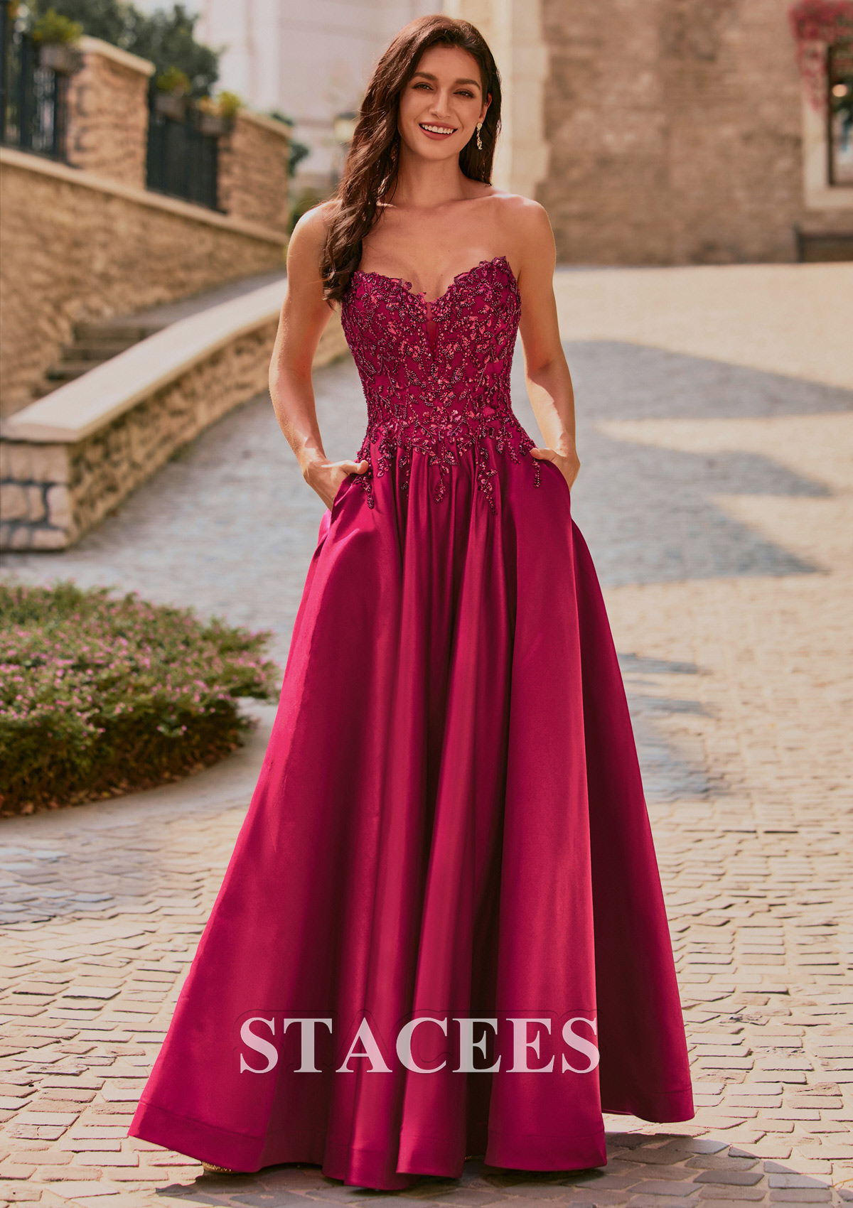 Bordeaux Trapèze col en v satin longueur ras du sol robe de bal avec poches paillettes - STACEES