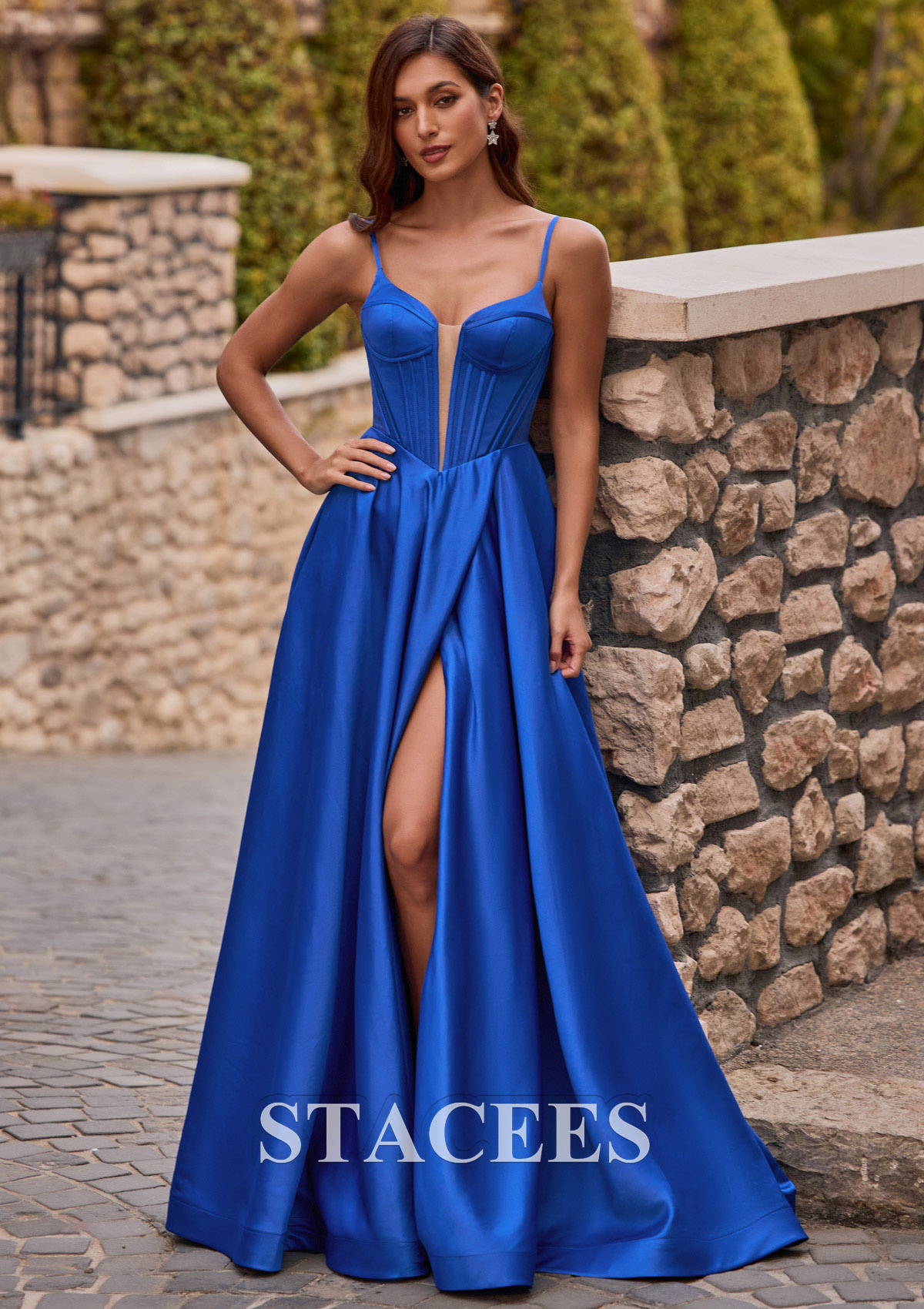 Ocean Blue A-line V Neck Satin Sweep Train Prom Dress with Split - STACEES