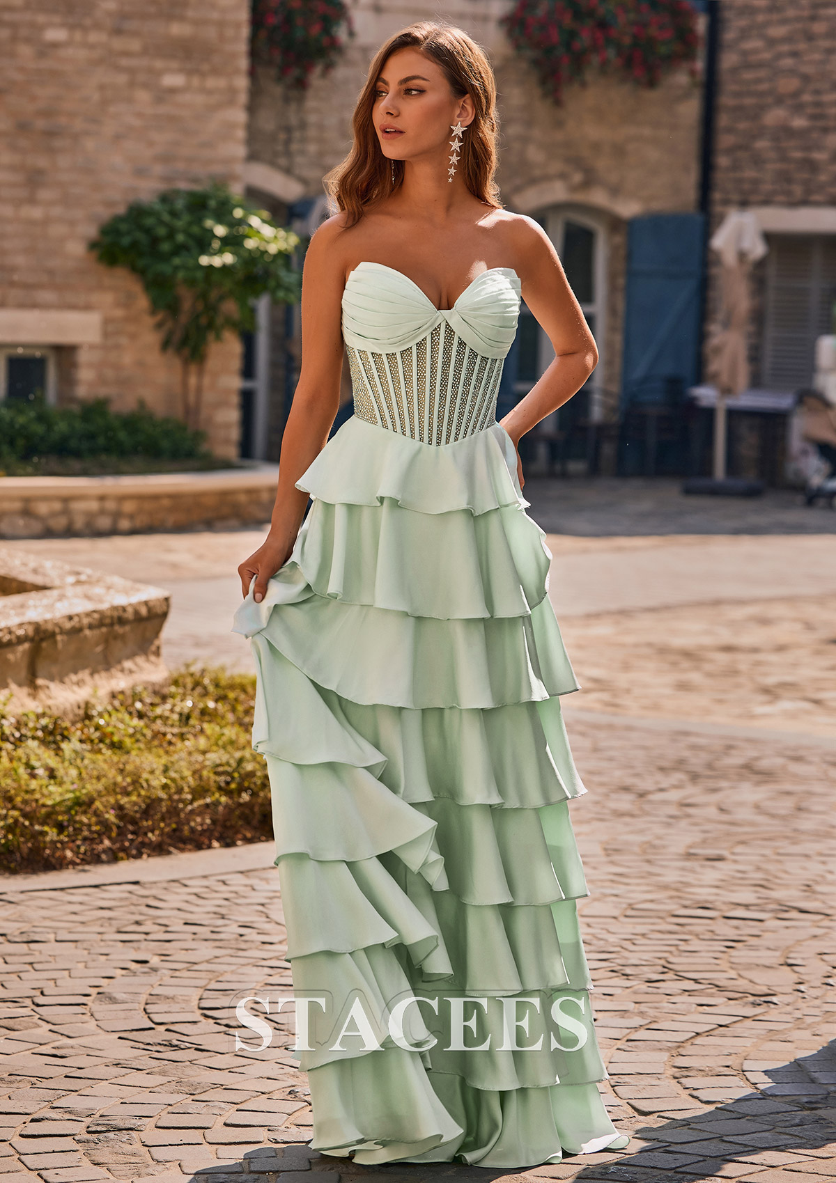 As Picture A-line Strapless Tiered Ruffles Prom Dress with Beading Pleated Corset Bodice - STACEES