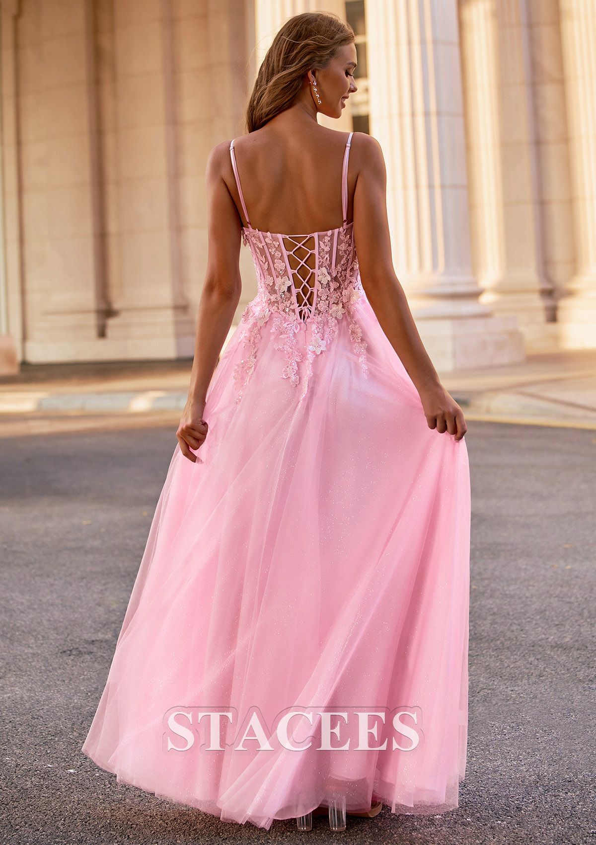 Blushing Pink A-line V Neck Floral Applique Sheer Corset Glittered Tulle Prom Dress - STACEES