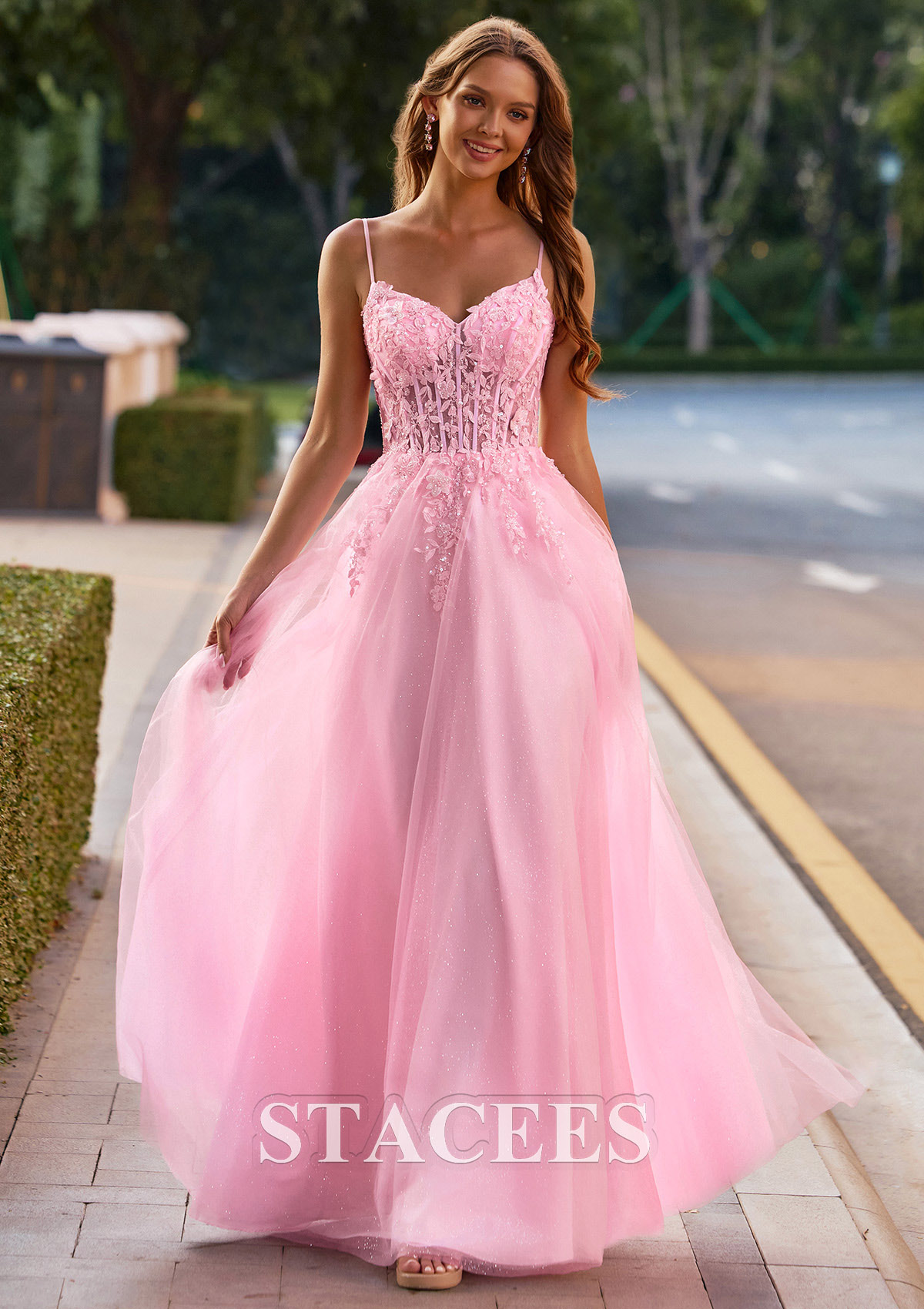 a line dress pink A-line V Neck Floral Applique Sheer Corset Glittered Tulle Prom S8905P - Prom Dresses knot sash. fall23 Adrianna Papell Floral Jacquard Maat:34