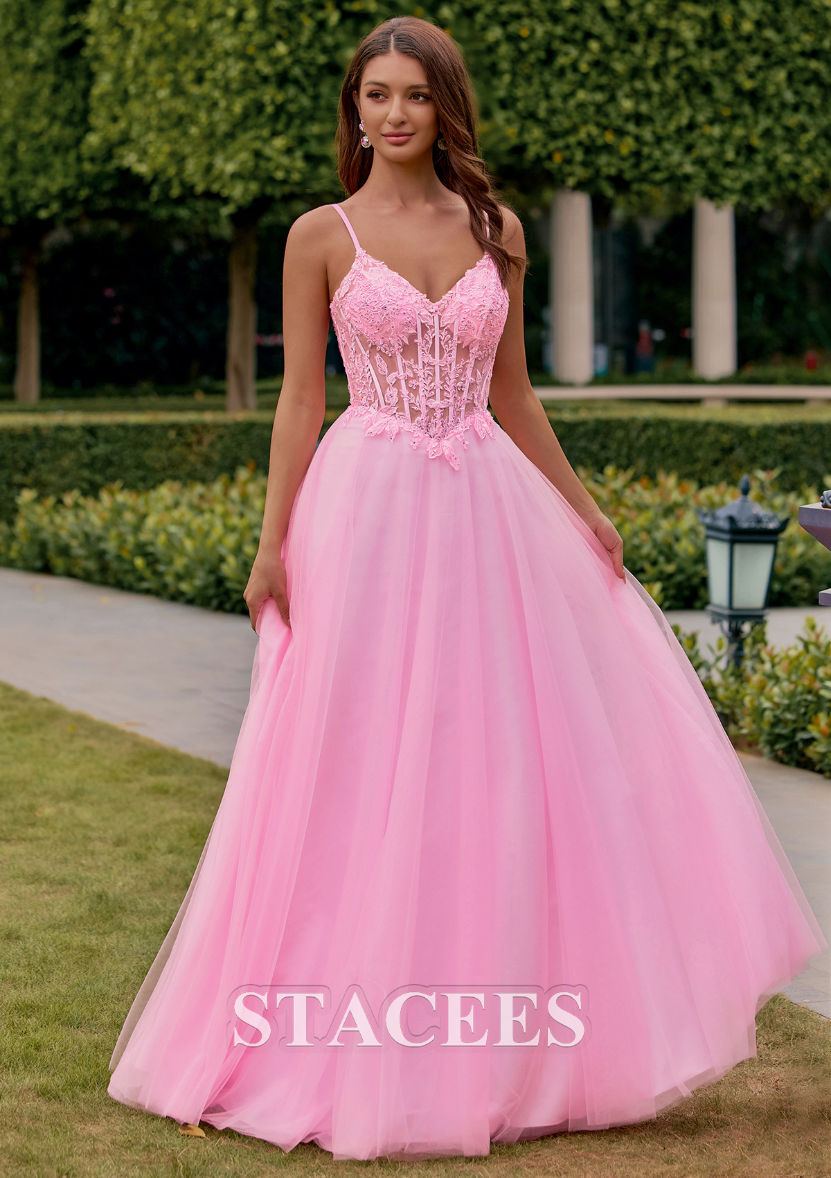 Candy Pink A-line V Neck Tulle Floor-Length Prom Dress with Lace Applique Corset Bodice - STACEES