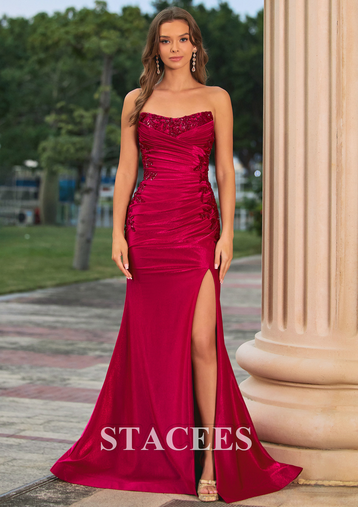 Burgundy Mermaid Strapless Beaded Applique Corset Ruched Prom Dress with Slit - STACEES