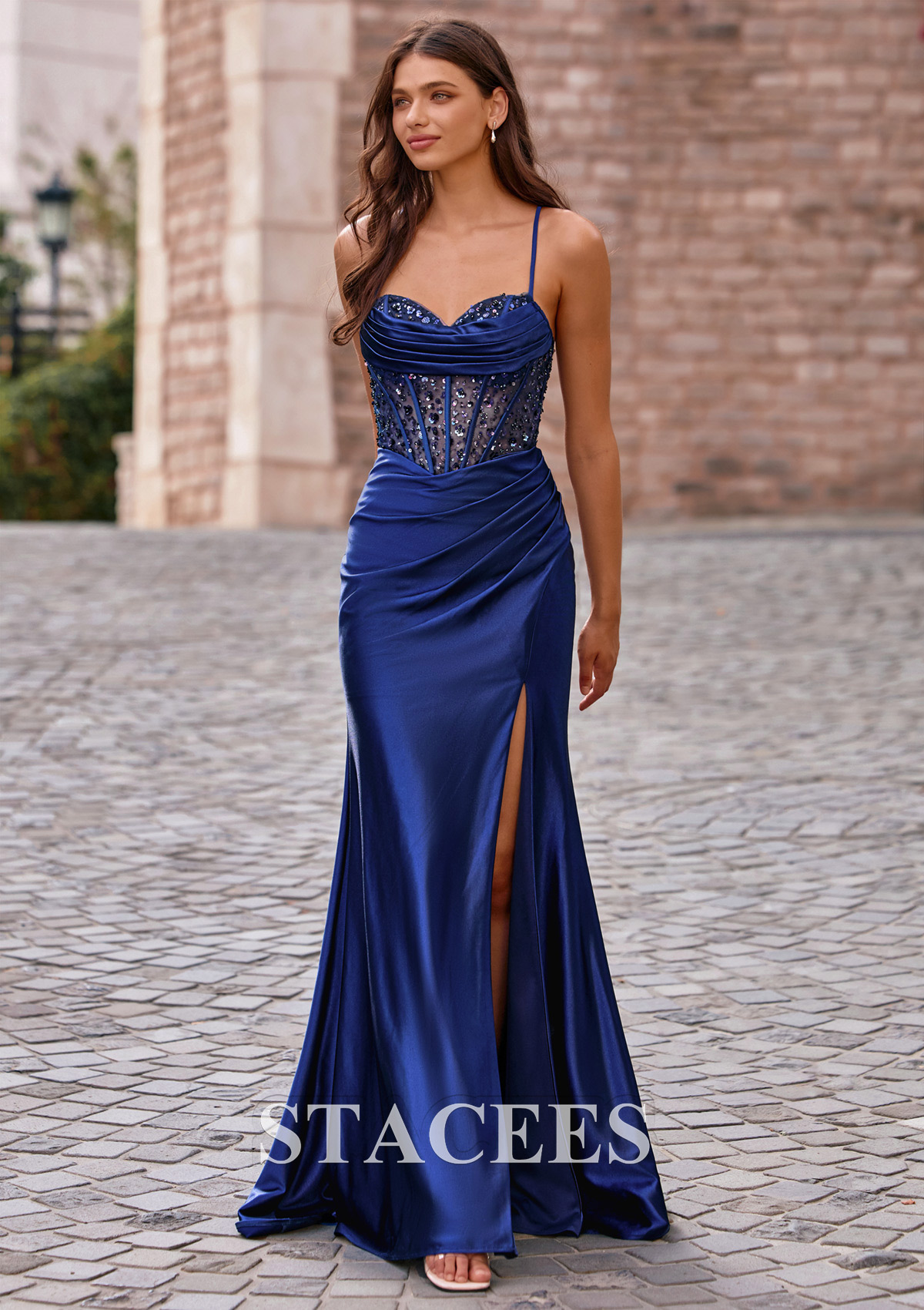 Navy Blue Mermaid Sparkle Sequins Beaded Sheer Corset Ruched Prom Dress with Slit  - STACEES