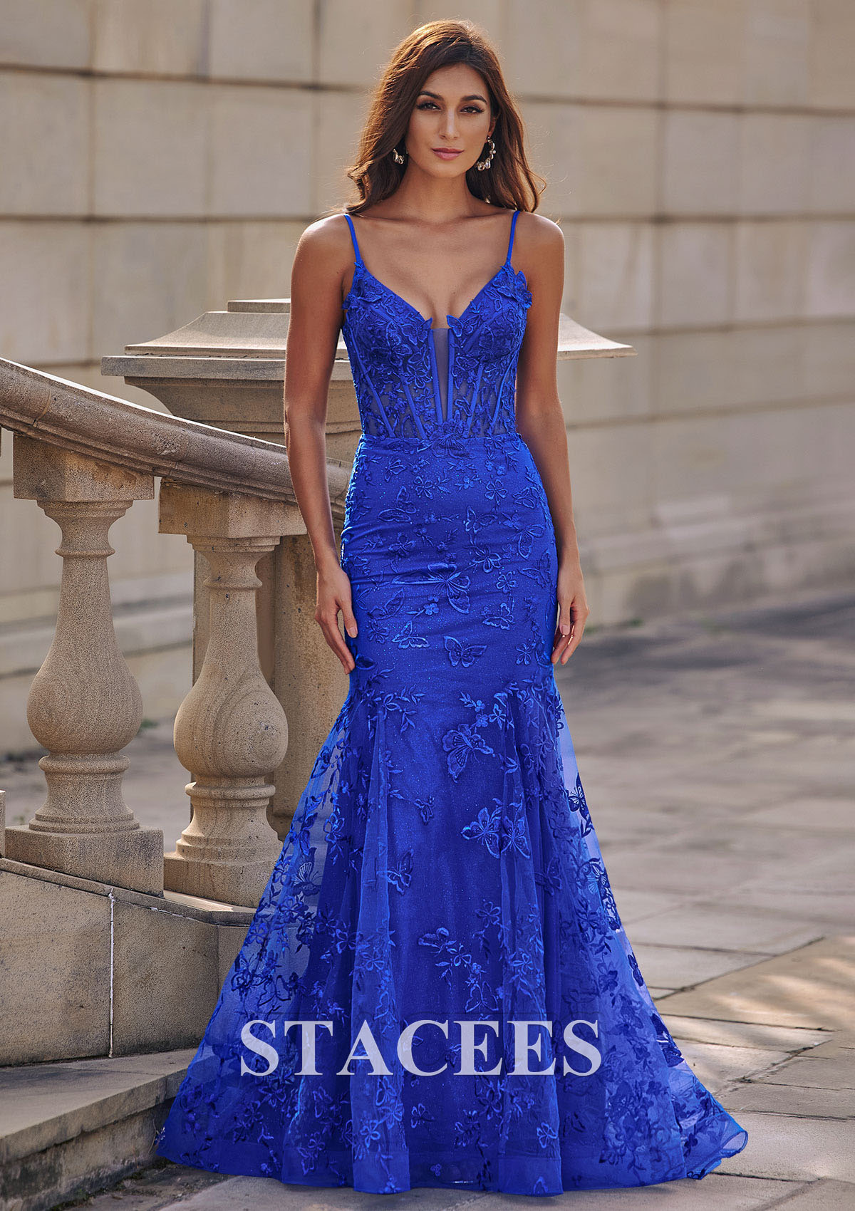 Ocean Blue Mermaid Plugging V Neck Boned Illusion Corset Prom Dress with Glitter  - STACEES
