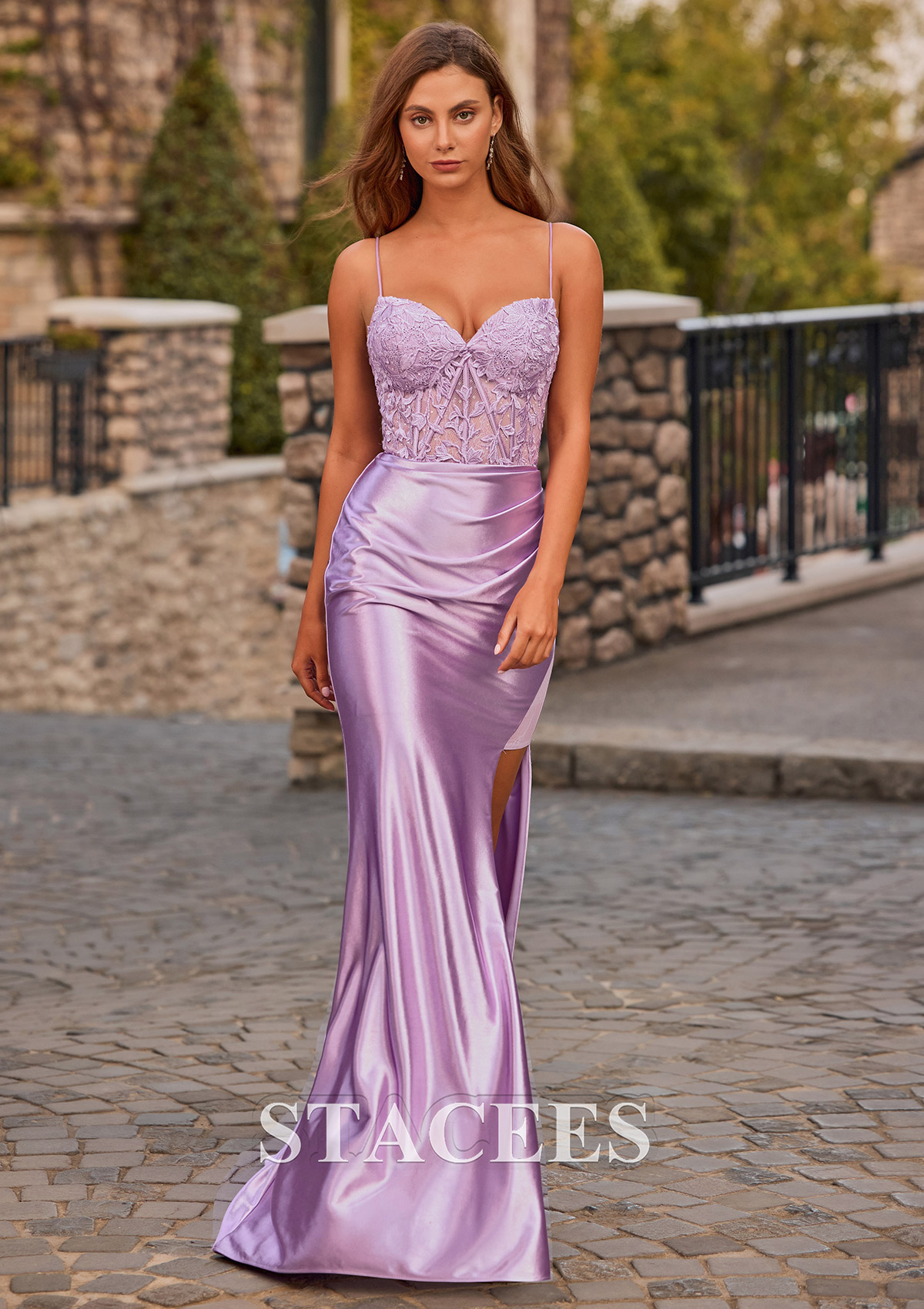 Lilac  Mermaid V Neck Silk like Satin Sheer Corset Slit Prom Dress  - STACEES