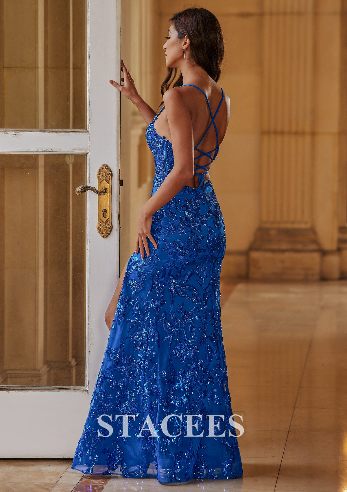 Ocean Blue Corte trompeta/sirena escote en v tul hasta el suelo vestido de graduación - STACEES