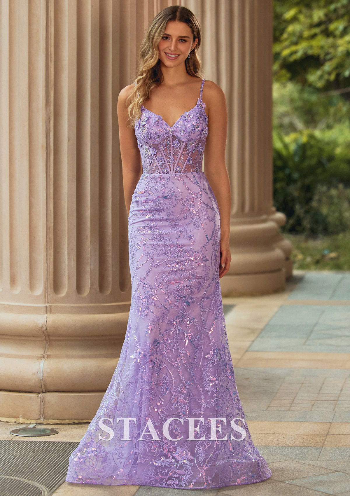 Lilac Sparkly Mermaid Floral Sequin Lace Prom Dress with Sheer Boned Bodice - STACEES