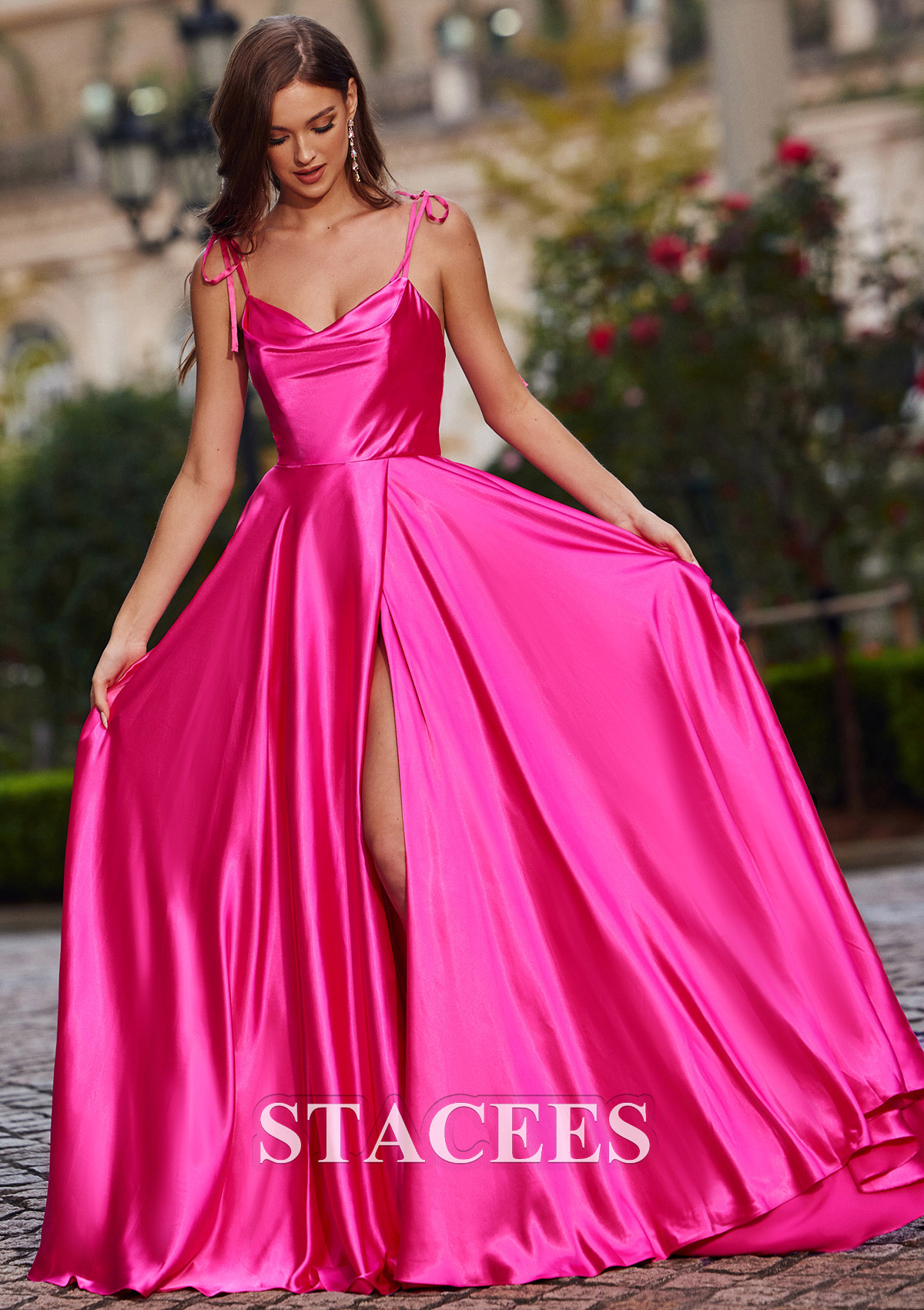 Fuchsia A-line Cowl Neck Court Train Charmeuse Prom Dress with Pleated Split - STACEES