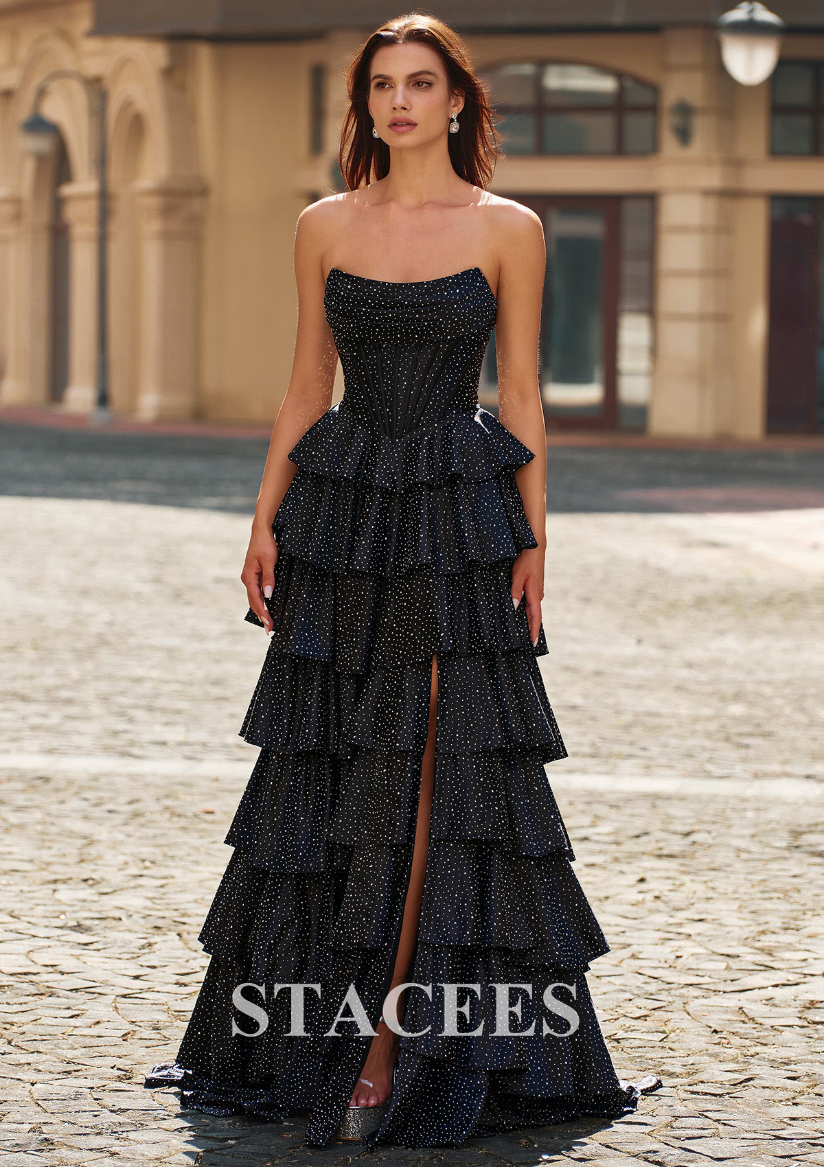 Black A-line Cowl Neck Hotfix Strapless Tiered Ruffle Prom Dress with Slit Lace-Up Back - STACEES
