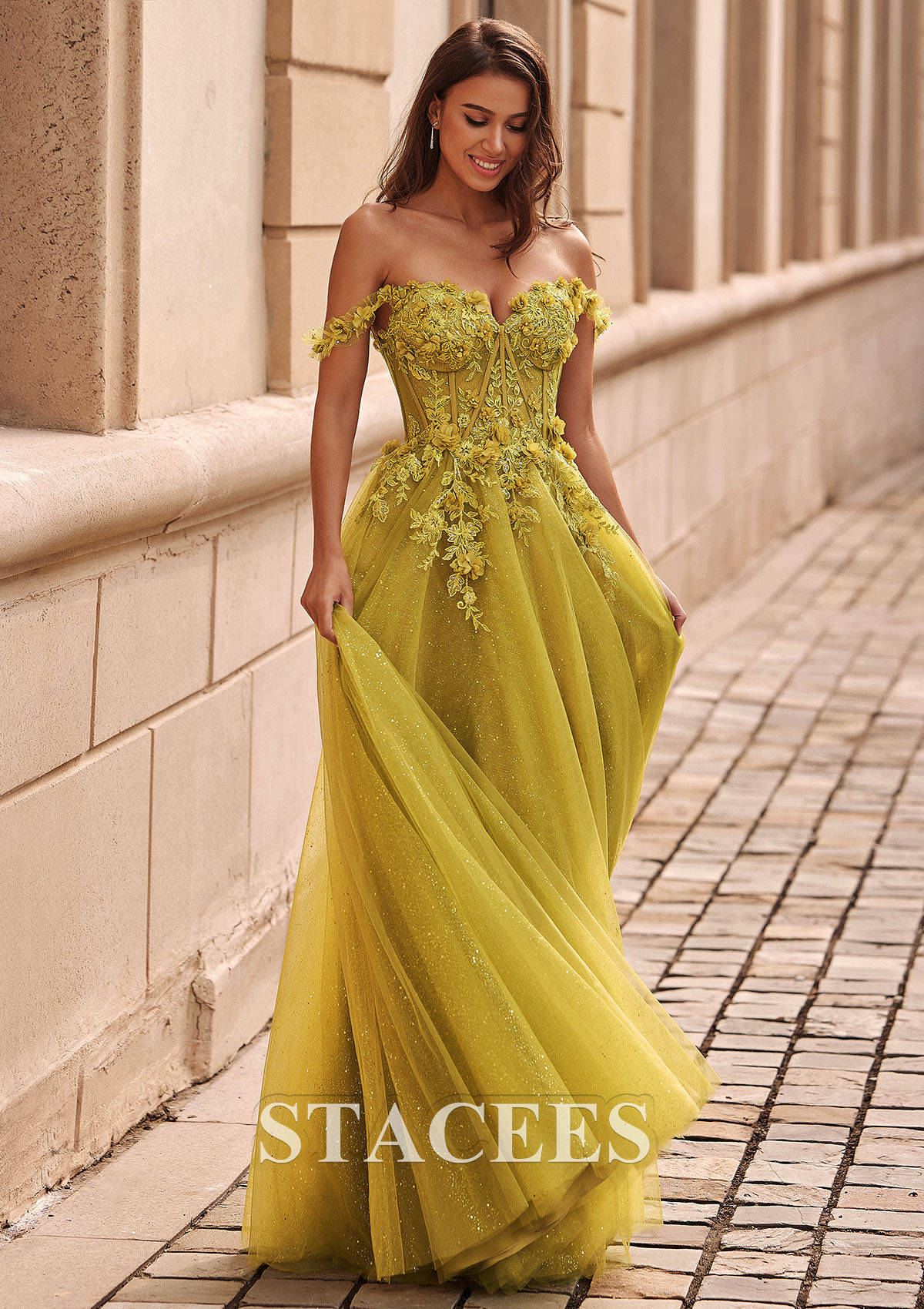 As Picture A-line Applique Sheer Corset Off-the-Shoulder Glitter Tulle Prom Dress - STACEES