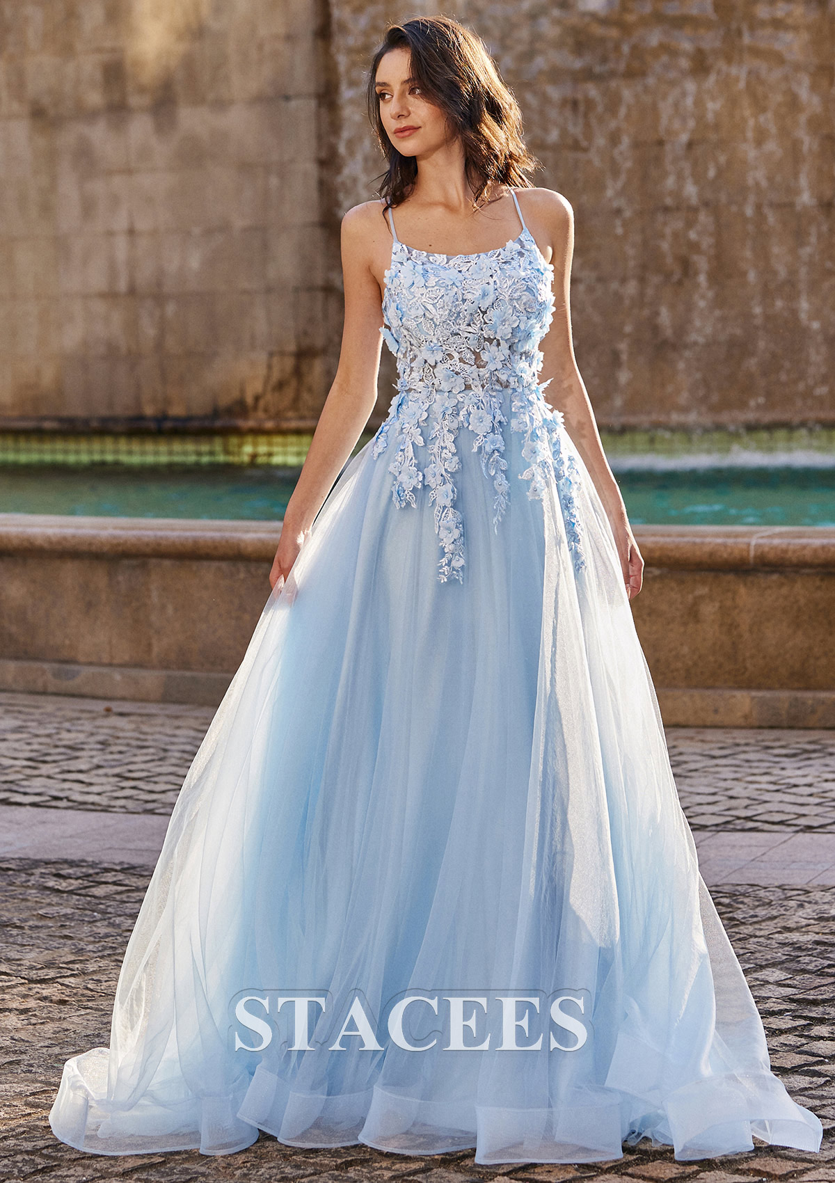 Bleu Ciel Robe trapèze princesse carrée tulle traîne balayage robe de bal - STACEES