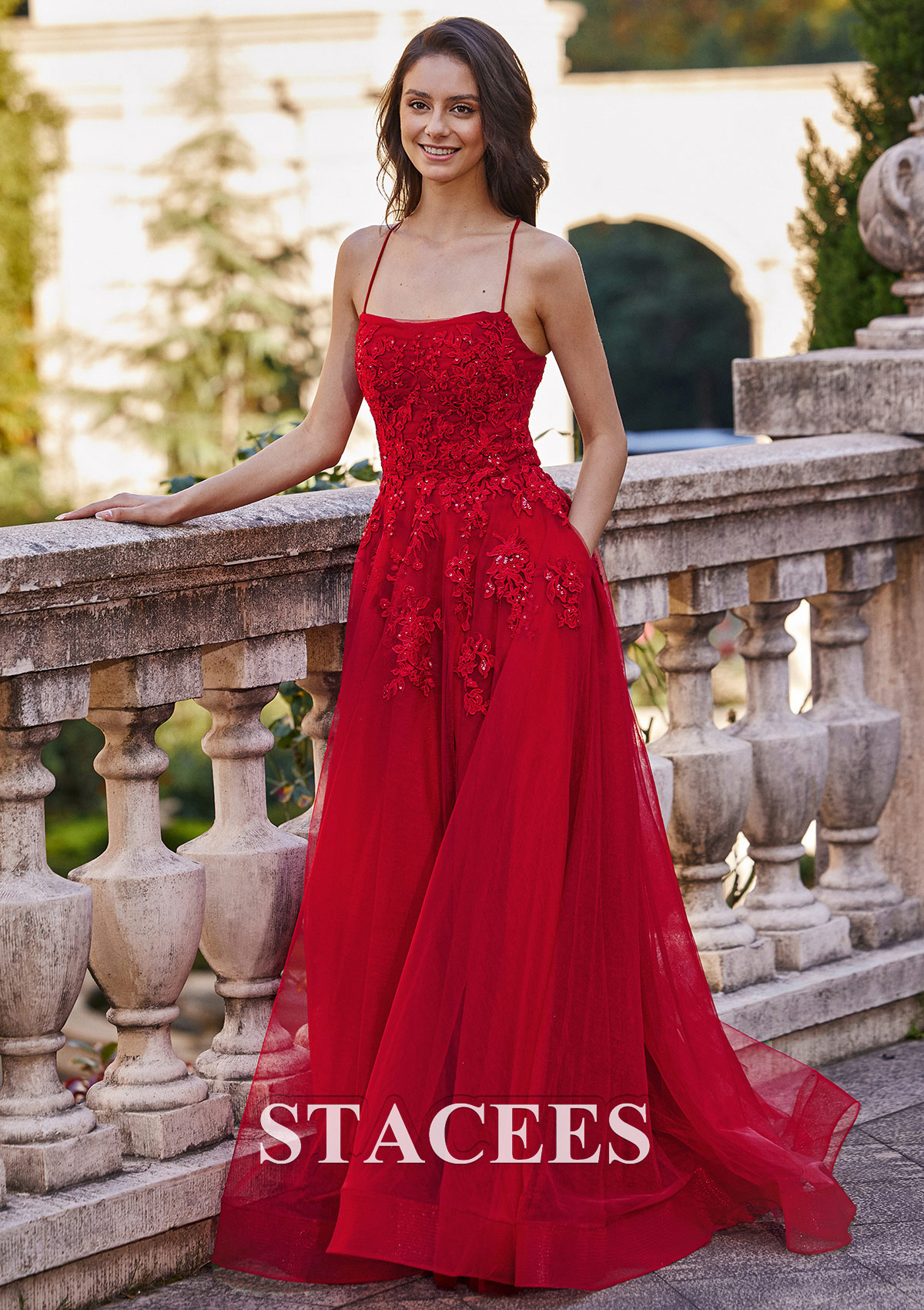 Red A-line Square Neckline Sweep Train Tulle Prom Dress with Appliqued Beading Pockets - STACEES