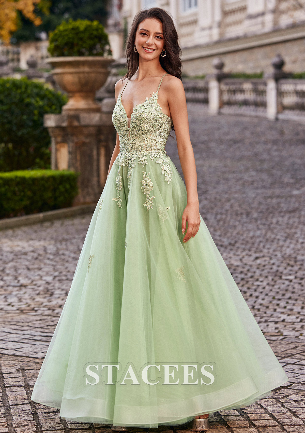 Sauge Trapèze robe princesse col en v tulle ras du sol robe de bal - STACEES
