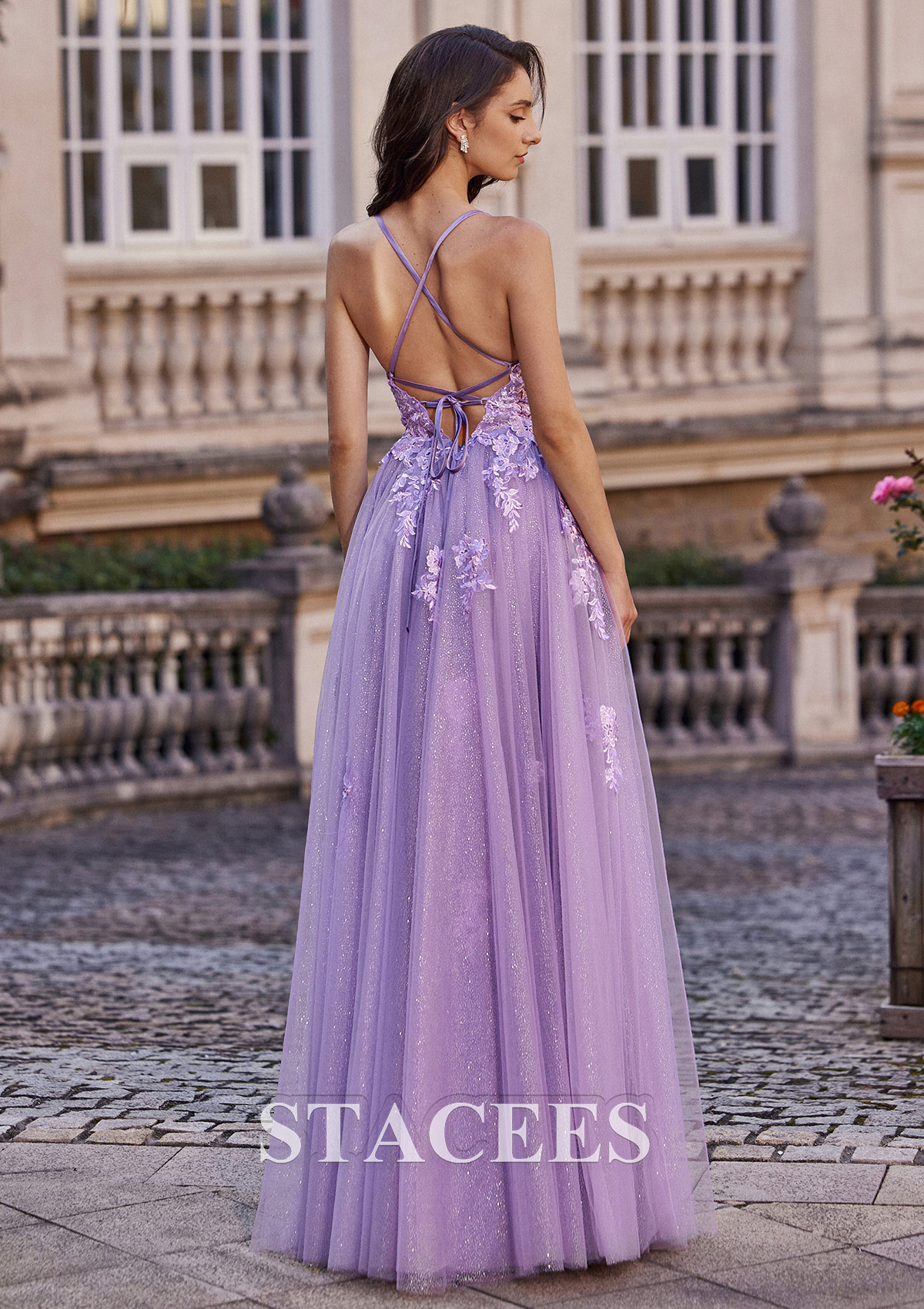 Lilac A-line Princess V Neck Floor-Length Tulle Prom Dress with Glitter Appliqued Beading Split - STACEES