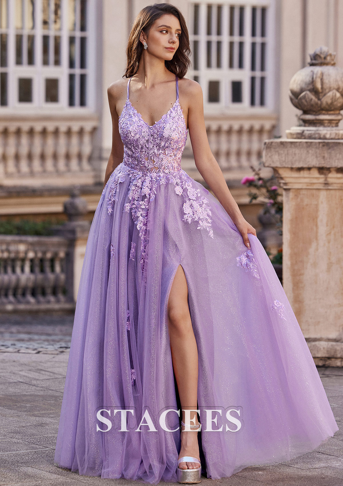 Lilac A-line Princess V Neck Floor-Length Tulle Prom Dress with Glitter Appliqued Beading Split - STACEES